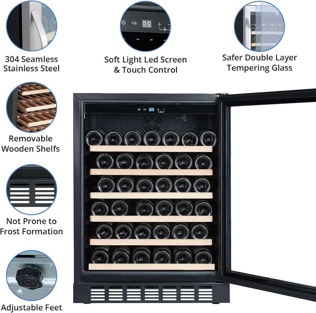 GarveeHome Wine Cooler, 46 Bottle Freestanding or Built-in Metal Design, Wine Fridge, Single Zone Dual Temperature Wine Fridge for Red, White and Champagne with Adjust Temperature, Black