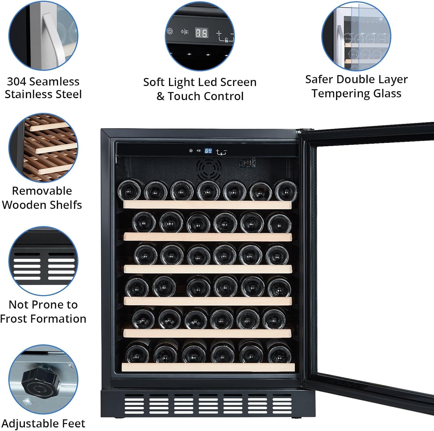 GarveeHome Wine Cooler, 46 Bottle Freestanding or Built-in Metal Design, Wine Fridge, Single Zone Dual Temperature Wine Fridge for Red, White and Champagne with Adjust Temperature, Black