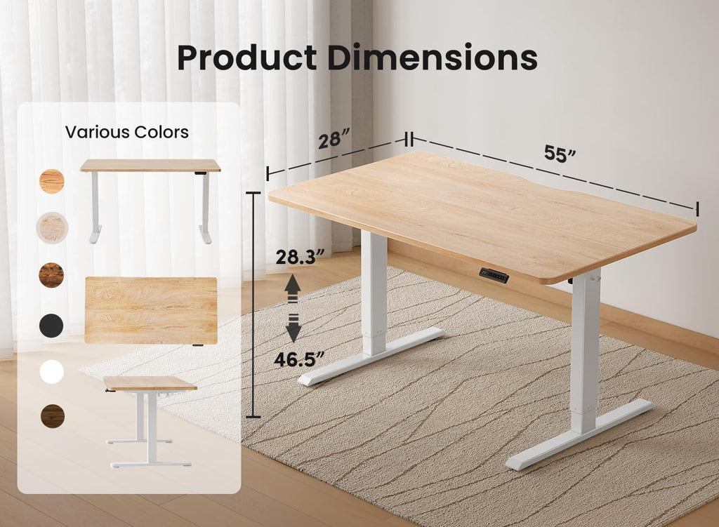 BANTI 55 × 28 Inches Standing Desk, Ergonomic, Electric Height Adjustable, Sit and Stand Up, Computer Office Desk with Splice Board, White Frame/Maple Top