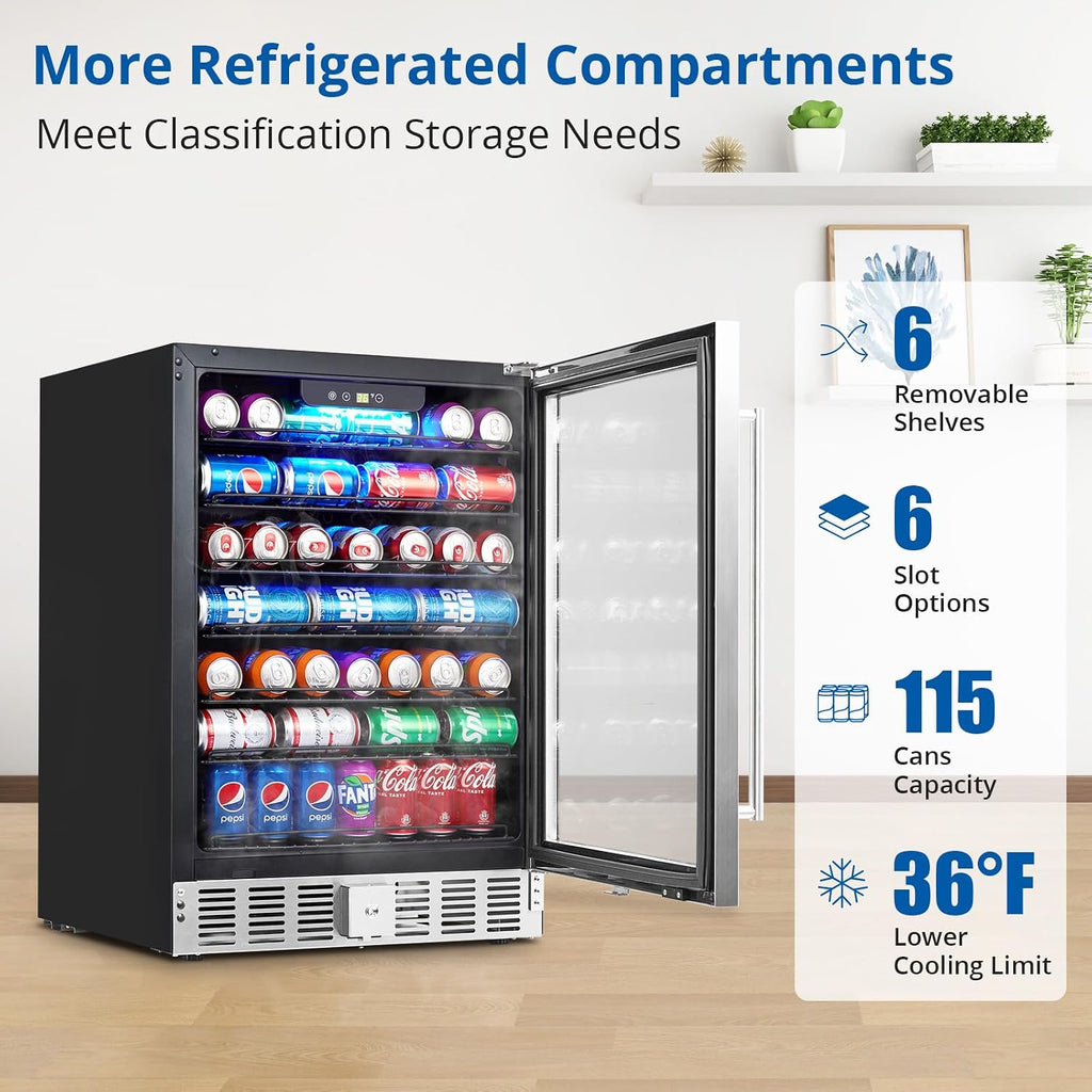 GarveeHome 24 in Beverage Refrigerator, 5.1 Cu.Ft Beverage Fridge, 166 Cans Capacity Drink Fridge with 36～60°F Adjustable Digital Temperature Control Compressor and Safety Lock