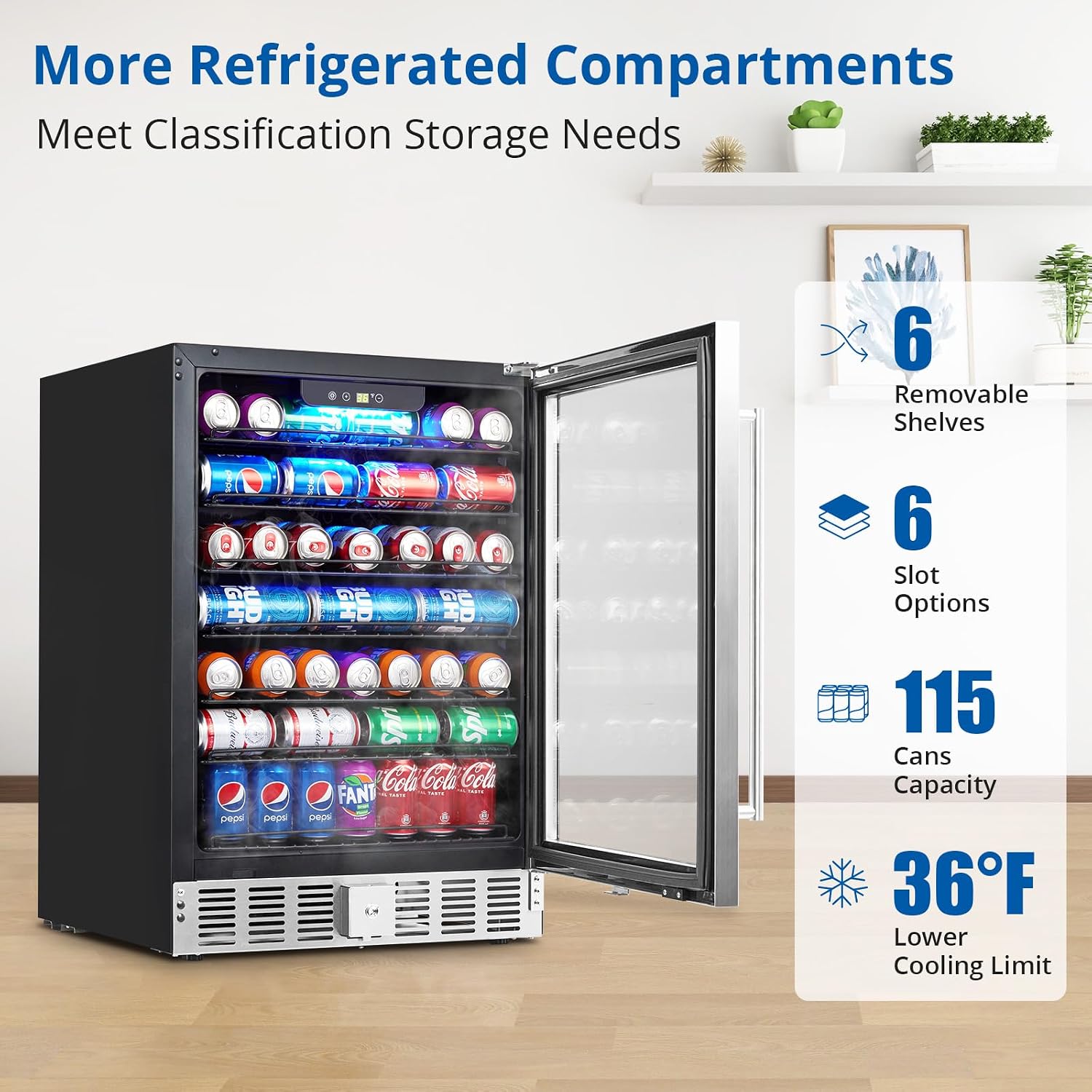 GarveeHome 24 in Beverage Refrigerator, 5.1 Cu.Ft Beverage Fridge, 166 Cans Capacity Drink Fridge with 36～60°F Adjustable Digital Temperature Control Compressor and Safety Lock