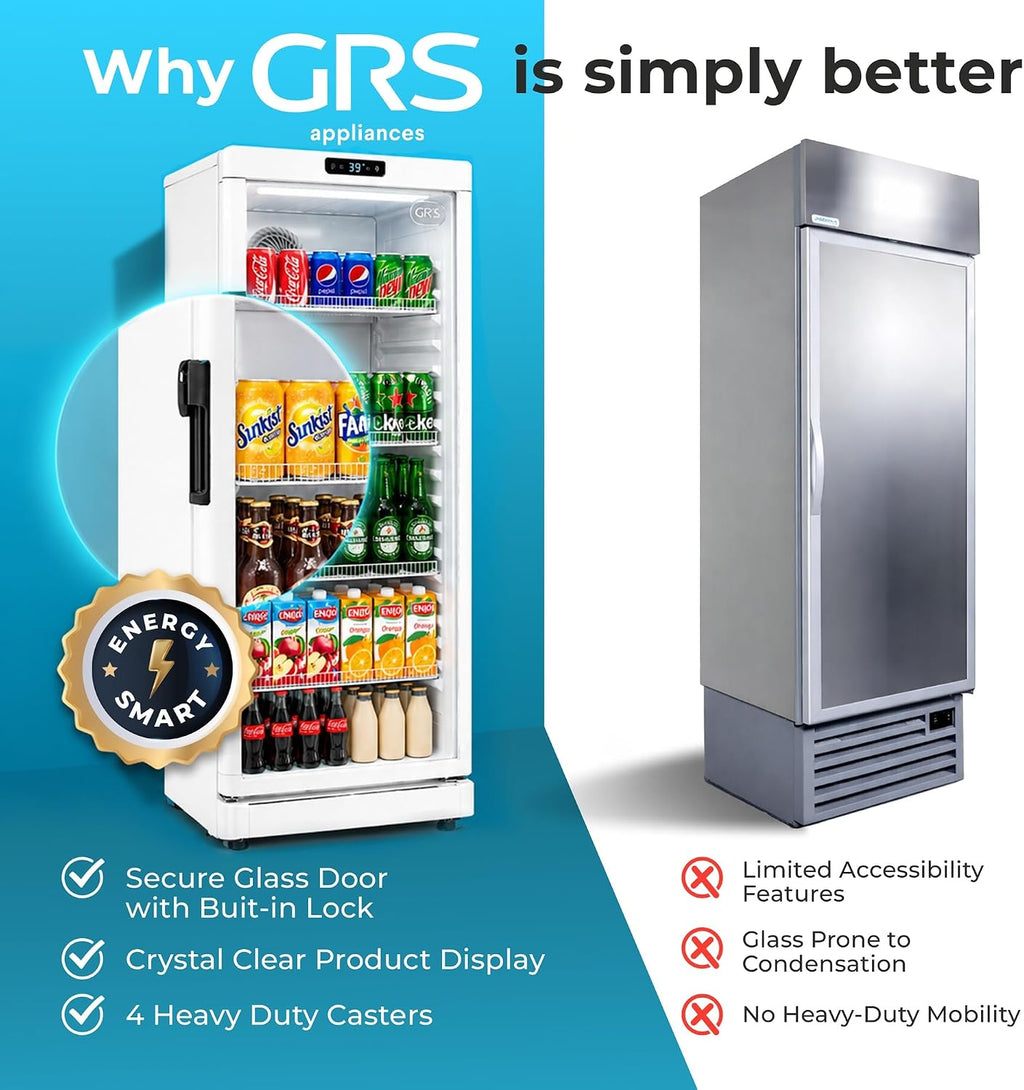 GRS Commercial Display Refrigerator with Glass Door Lock | Cool Air Flow & Temperature | Beverage Cooler, Drink and Wine Fridge with Adjustable Display Shelf for Stores and Bars | Silver, 6.0 Cu. Ft