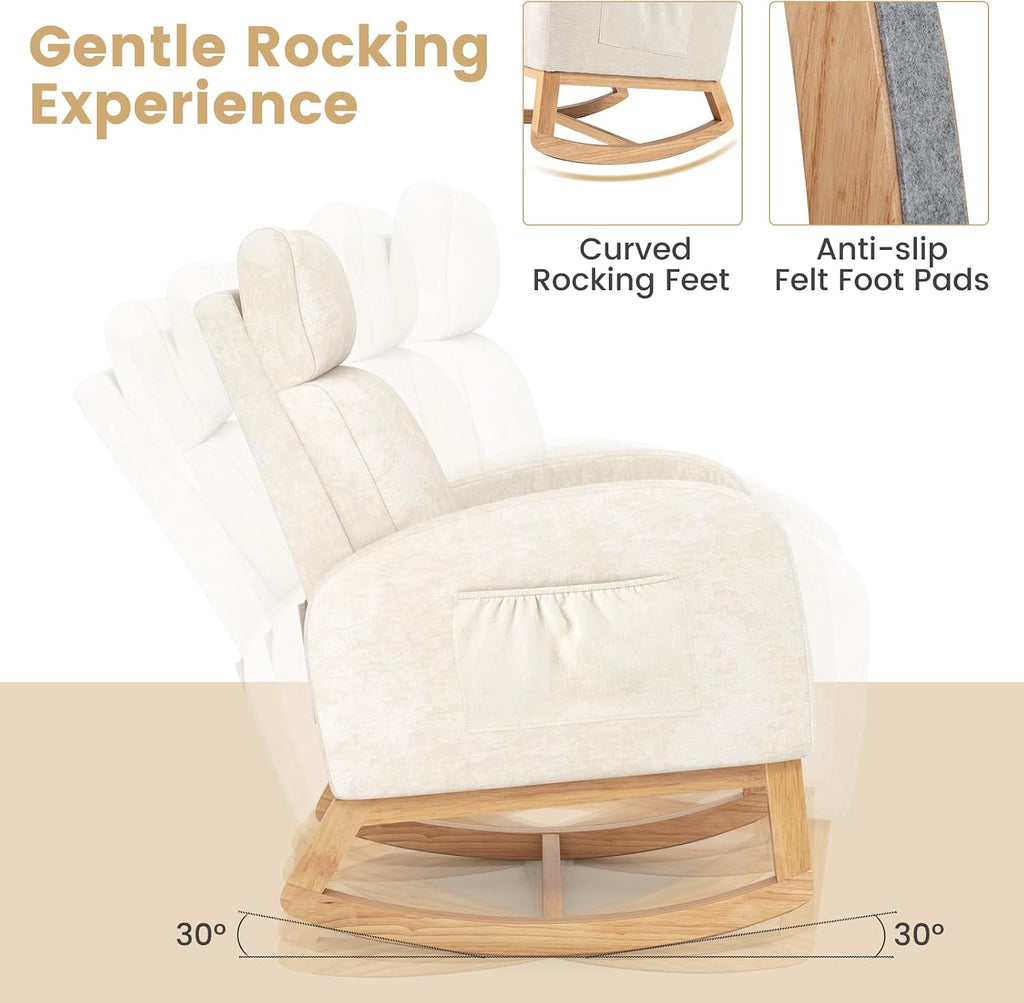 Giantex Rocking Chair Nursery, Upholstered Chenille Rocker Chair w/Side Pocket, Natural Rubber Wood Frame, High Back, Modern Nursery Glider Armchair for Living Room, Bedroom