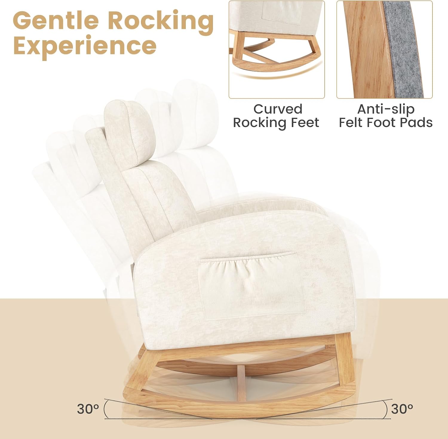 Giantex Rocking Chair Nursery Set of 2, Upholstered Chenille Rocker Chair w/Side Pocket, Natural Rubber Wood Frame, High Back, Modern Nursery Glider Armchair for Living Room, Bedroom