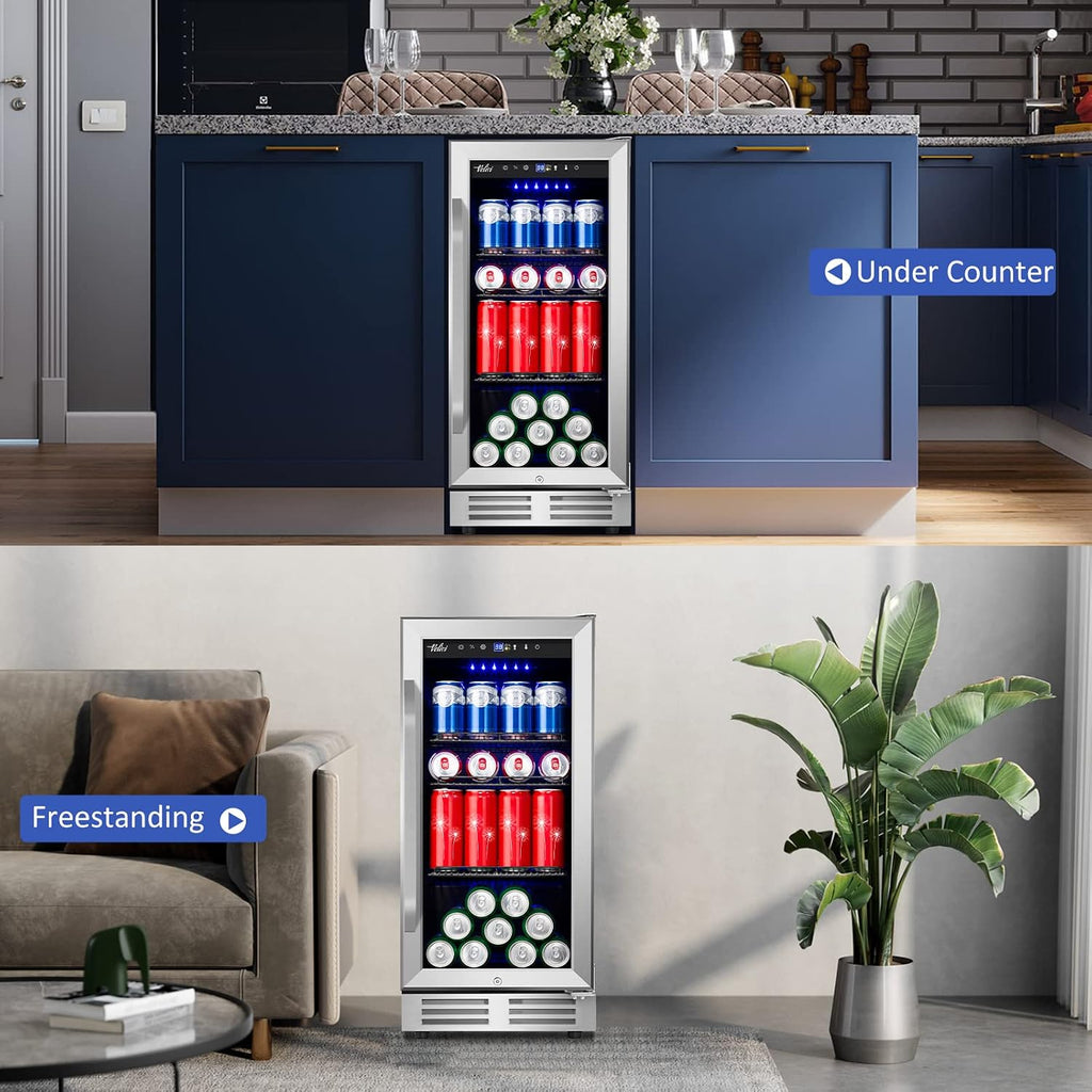 Velivi 15 Inch Beverage Refrigerator and Cooler - 125Cans Capacity Mini Beer Drink Fridge with Glass Door and Lock Under Counter Built-in or Freestanding - for Soda, Beer, Wine - for Home Bar Kitchen