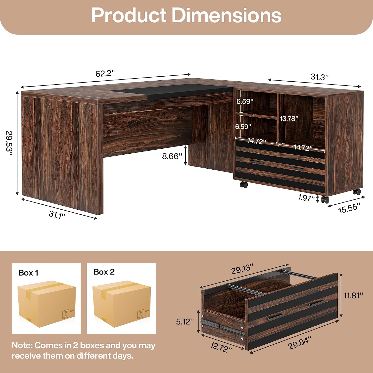Tribesigns 62.2' Executive Desk with Mobile File Cabinet, L-Shaped Office Desk with Storage Shelves, Large Computer Table Business Workstation Set for Home Office, Dark Brown