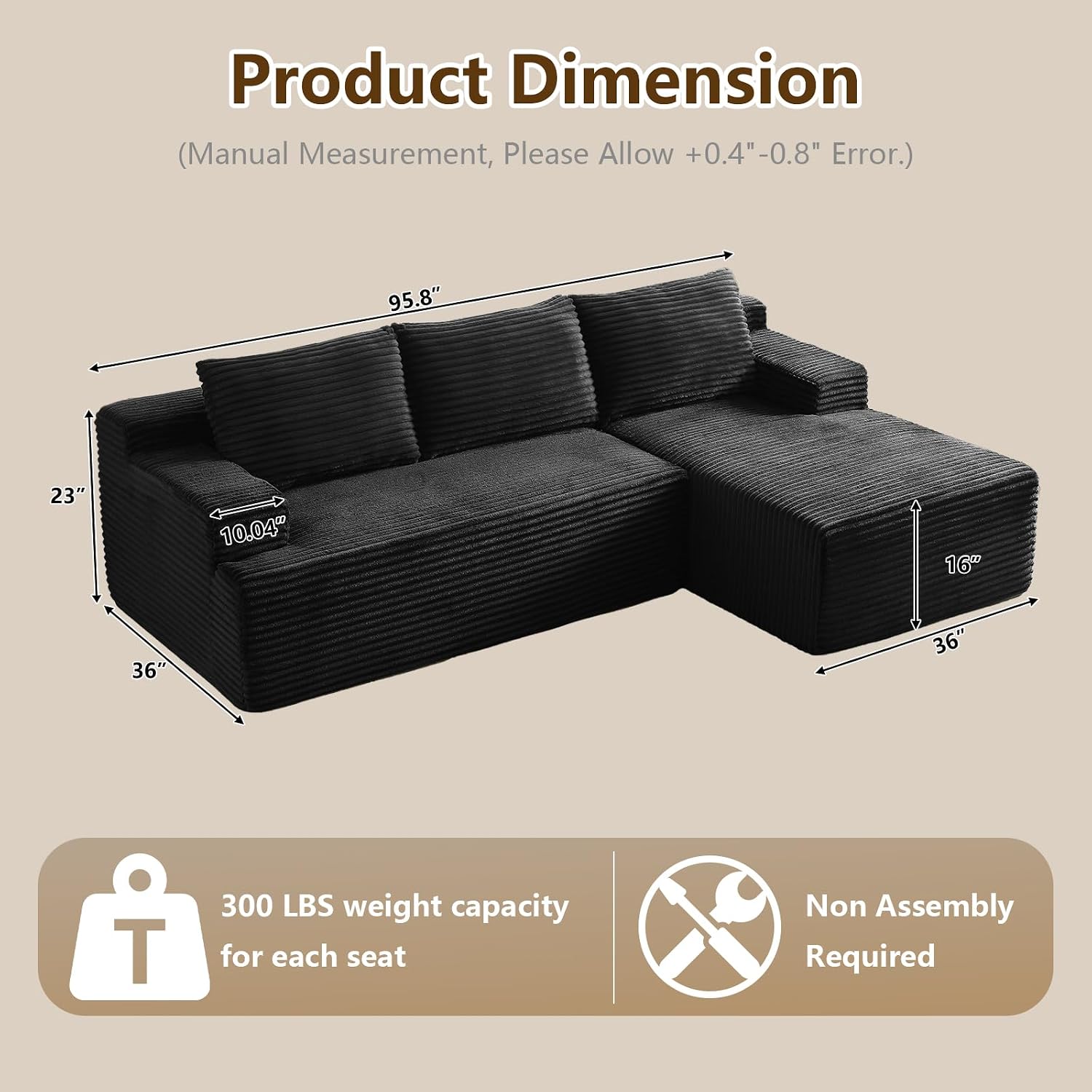 96' Modular Sectional Sofa Couches L-Shape Couch 3 Seat Modular Sofa Corduroy Memory Foam Sectional Boneless Couches for Living Room, Cloud Couch with Oversized Chaise(Black, Right Facing)