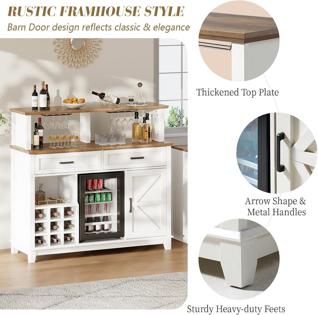 LUXOAK Farmhouse Coffee Bar Cabinet with Beverage Refrigerator Cooler, 47' Rustic Wine Bar Cabinet w/15 Mini Fridge, Barn Door & Glass Racks, Kitchen Hutch Buffet Table w/Drawer, Dining Room, White