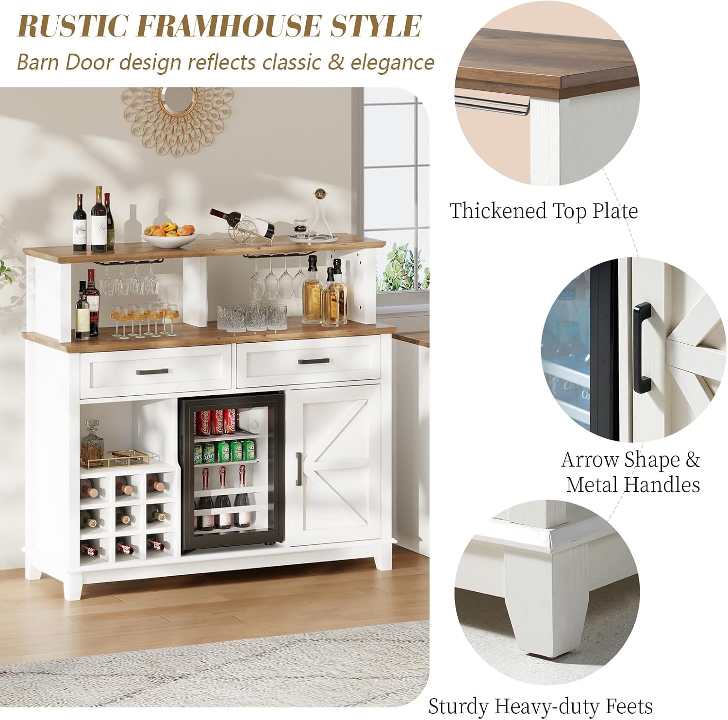 LUXOAK Farmhouse Coffee Bar Cabinet with Beverage Refrigerator Cooler, 47' Rustic Wine Bar Cabinet w/15 Mini Fridge, Barn Door & Glass Racks, Kitchen Hutch Buffet Table w/Drawer, Dining Room, White
