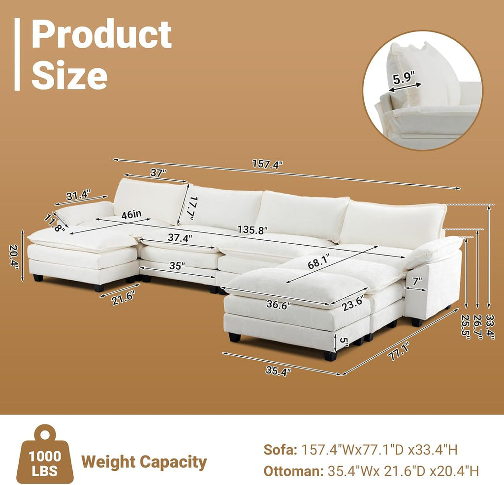 VINGLI 157' Cloud White/Cream Convertible Sectional Sofa, Comfy U-Shape Extra Deep Seat Sofa Couch for Living Room,Modern Chenille 4-Seat Convertible Sofa with 3 Movable Ottomans for Small Space