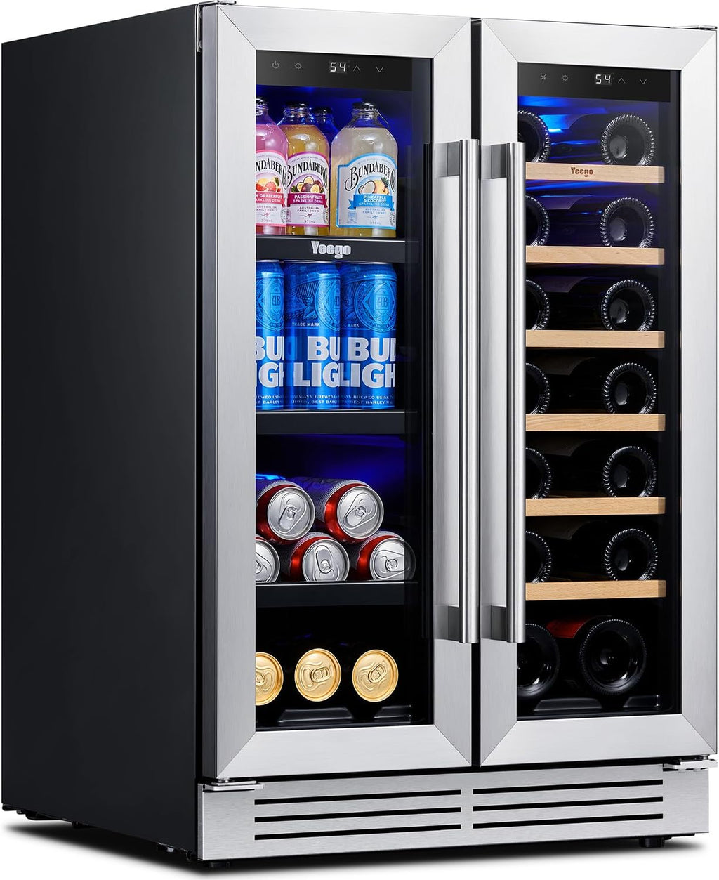 Yeego Wine and Beverage Refrigerator, 24 Inch Dual Zone Wine Fridge, Built-in or Freestanding Wine Cooler with Glass Doors, Under Counter Drink Fridge for Wine/Beer/Soda/Water