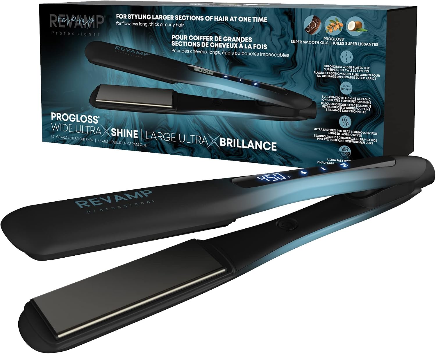 Revamp Progloss Wide Ultra X Shine 1.5-Inch Flat Iron Hair Straightener – Ceramic Hair Straightener with Keratin, Argan & Coconut Oil Infused Ceramic & Ionic Plates, Ideal for Long, Thick, Curly Hair