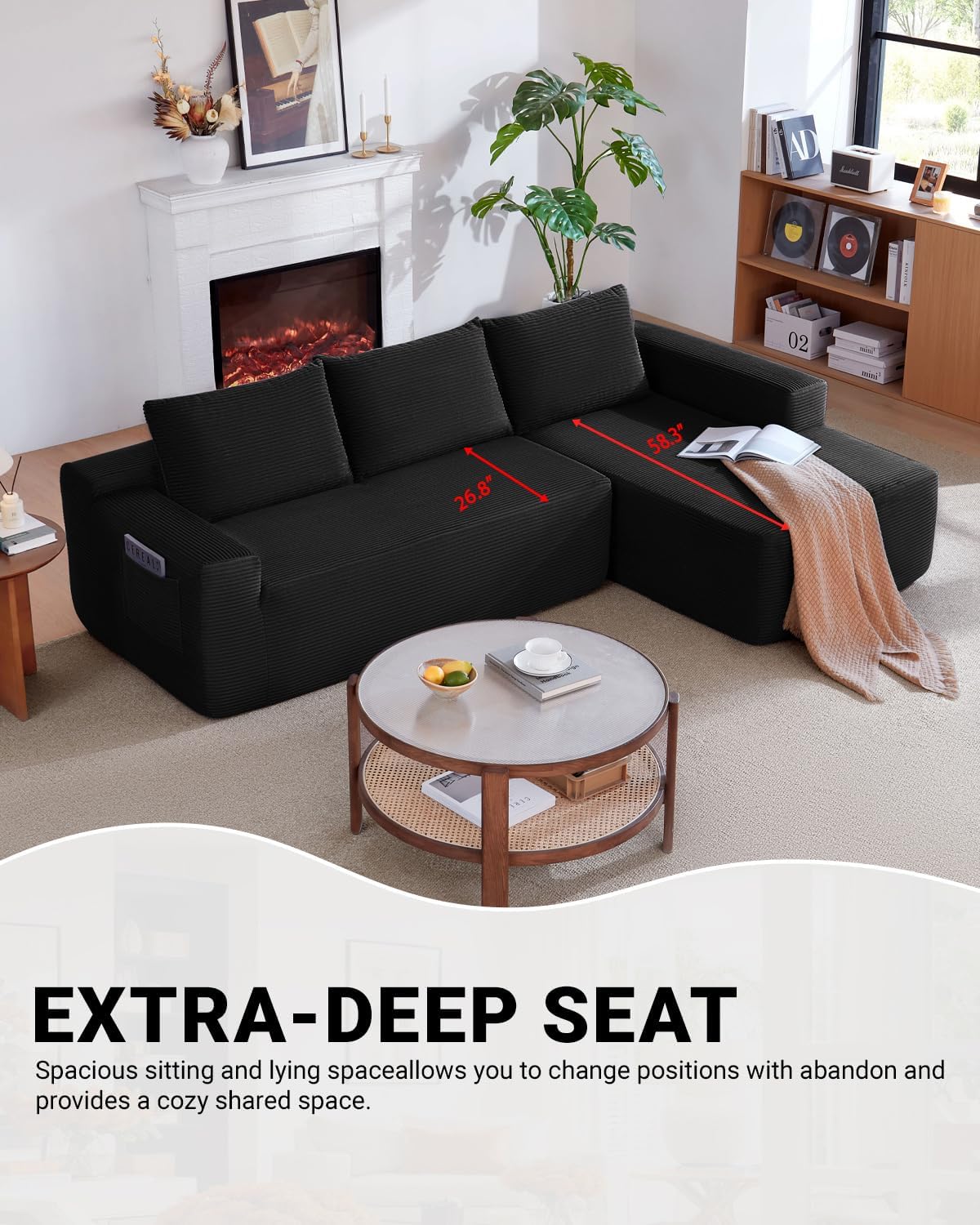 97' Cloud Sectional Couch,Modern Modular Sectional Sofa with Deep Seat,Corduroy Boneless Couches with L-Shape Chaise for Living Room Bedroom,No Assembly Required (Black, 97' Right Facing Chaise)
