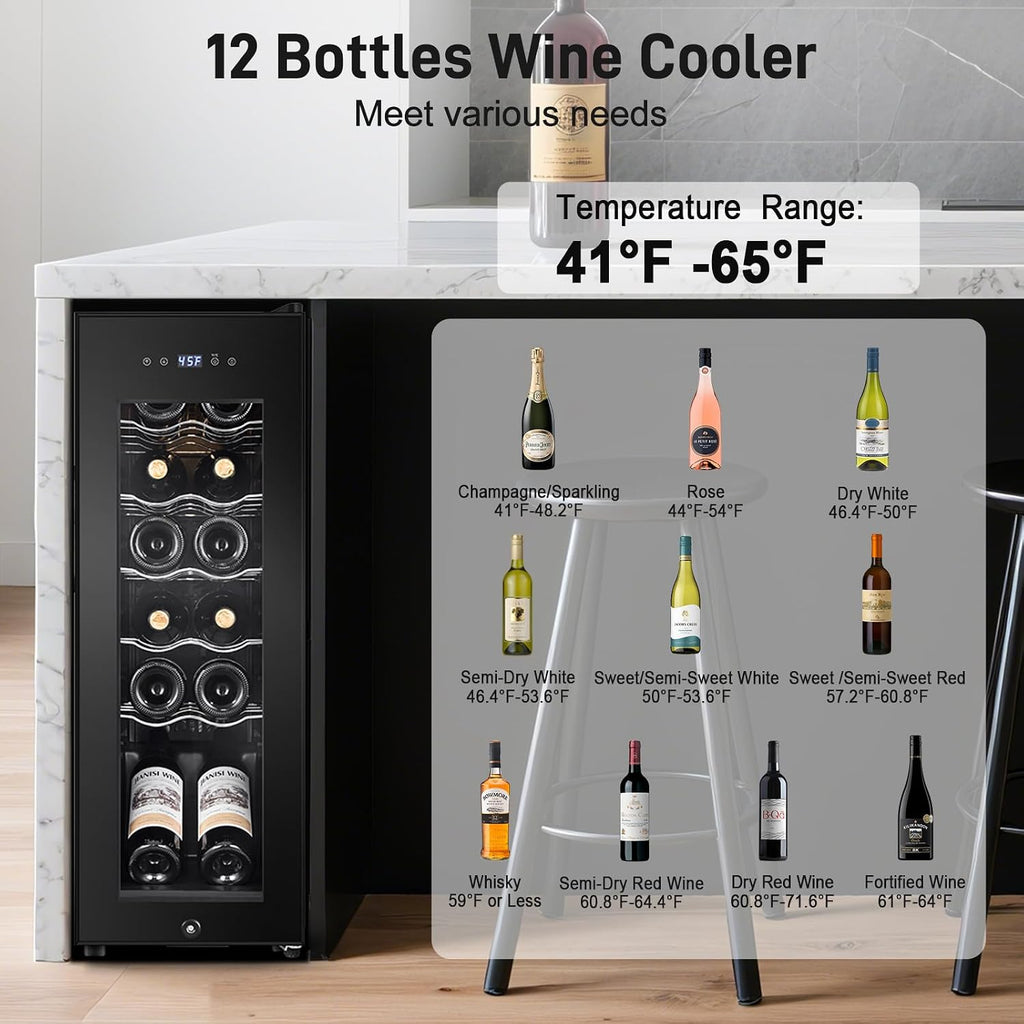 Tylza 12 Bottles Wine Fridge, Wine Cellar with Powerful Compressor, LED Touchscreen, Low-E Tempered Glass Door, Lock, Wine Cooler Refrigerator for Red, White, Champagne or Sparkling Wine, Black