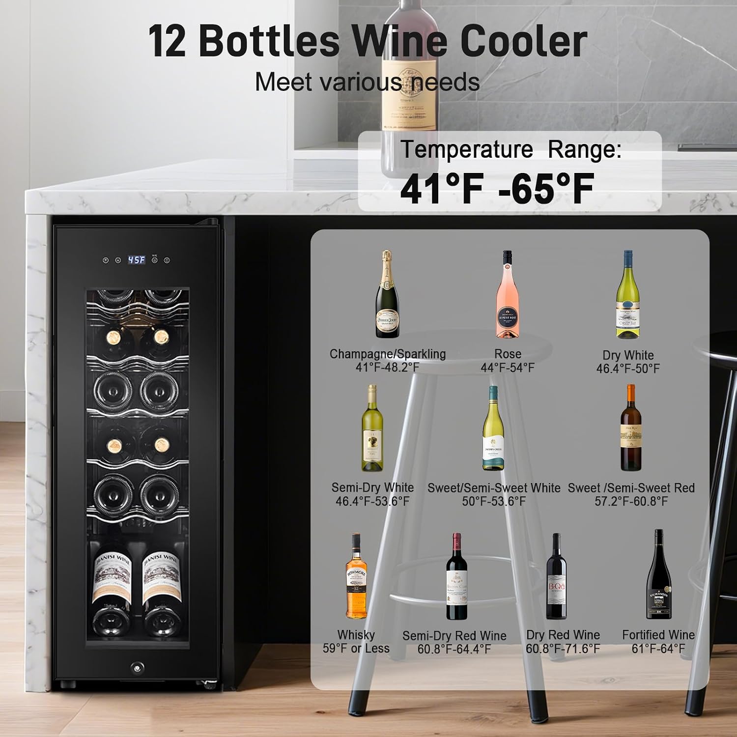 Tylza 12 Bottles Wine Fridge, Wine Cellar with Powerful Compressor, LED Touchscreen, Low-E Tempered Glass Door, Lock, Wine Cooler Refrigerator for Red, White, Champagne or Sparkling Wine, Black