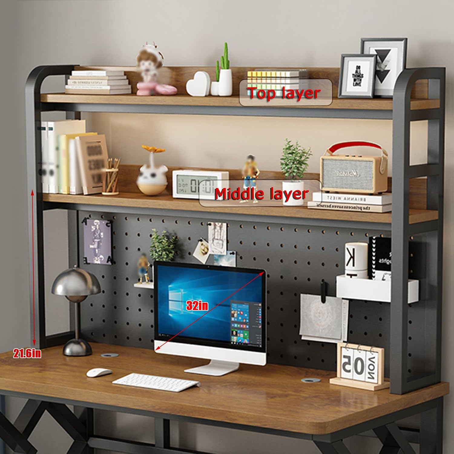 39.3in Gaming Desk with Bookshelf Combo, Computer Desk with Pegboard, Large Writing Table with Desktop Shelves, Ample Leg Room, for Home Office (Brown, 39.3in)