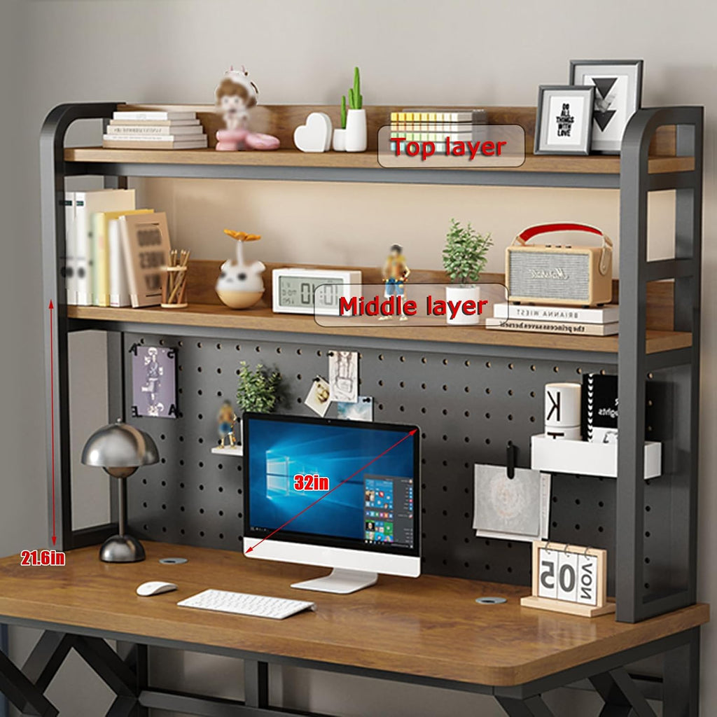 47in Gaming Desk with Bookshelf Combo, Computer Desk with Pegboard, Large Writing Table with Desktop Shelves, Ample Leg Room, for Home Office (Brown, 47in)