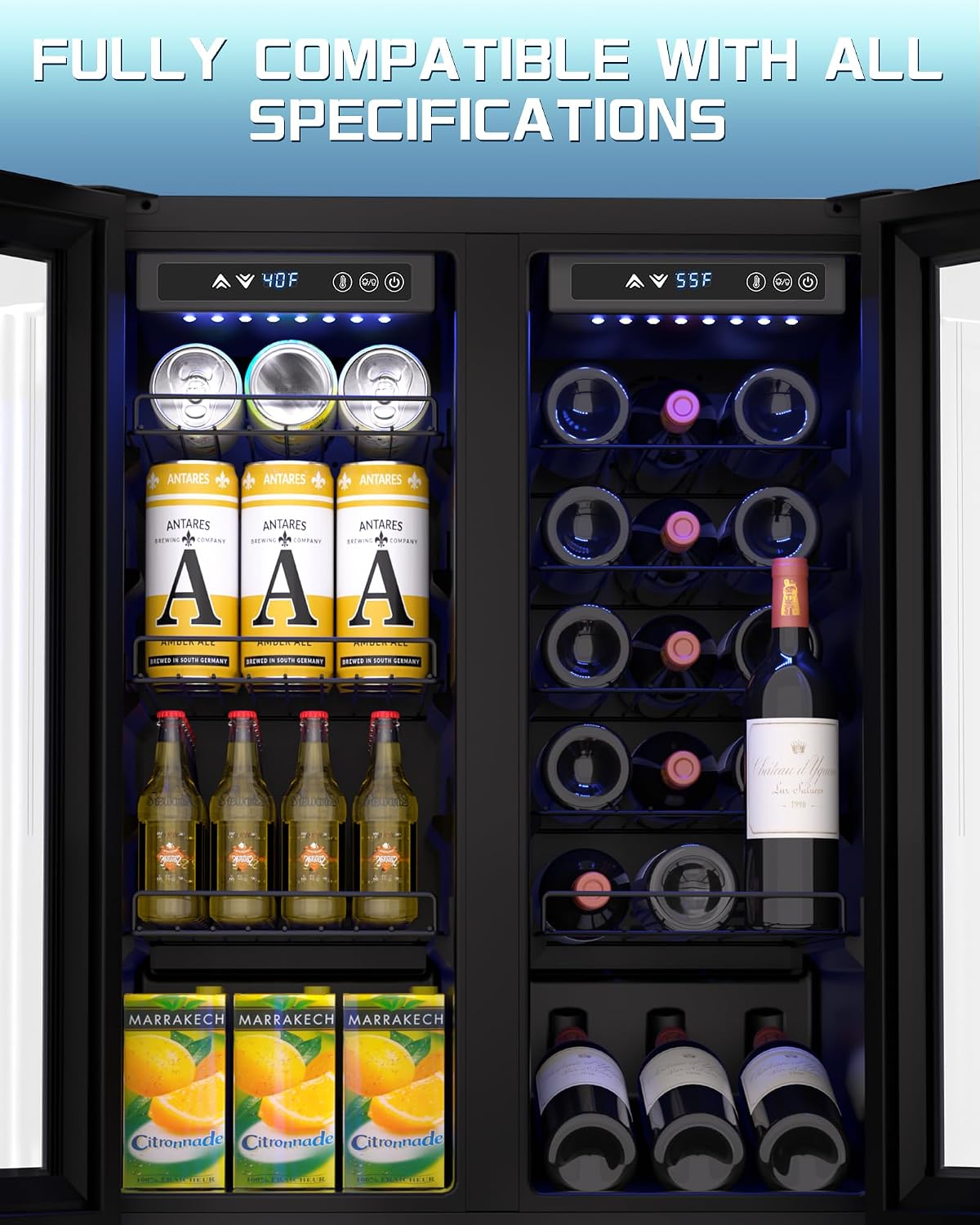 French Door Beverage Refrigerator: 160 Cans & 20 Wine Bottles Capacity, Dual Zone Cooling for Beer, Soda, and Wine, For Kitchen/Bar Use