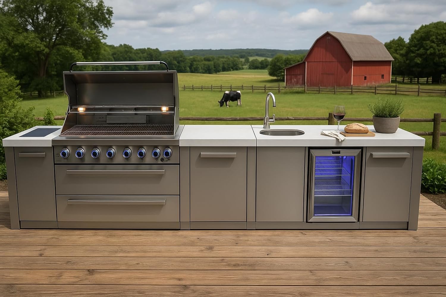 Mont Alpi Premium 157'W Stainless Steel Outdoor Kitchen Island with Refrigerator + Beverage Center Faucet & Sink + 44'W 6-Burner BBQ Gas Grill + White Granite Countertops + Storage Cabinets & Drawers