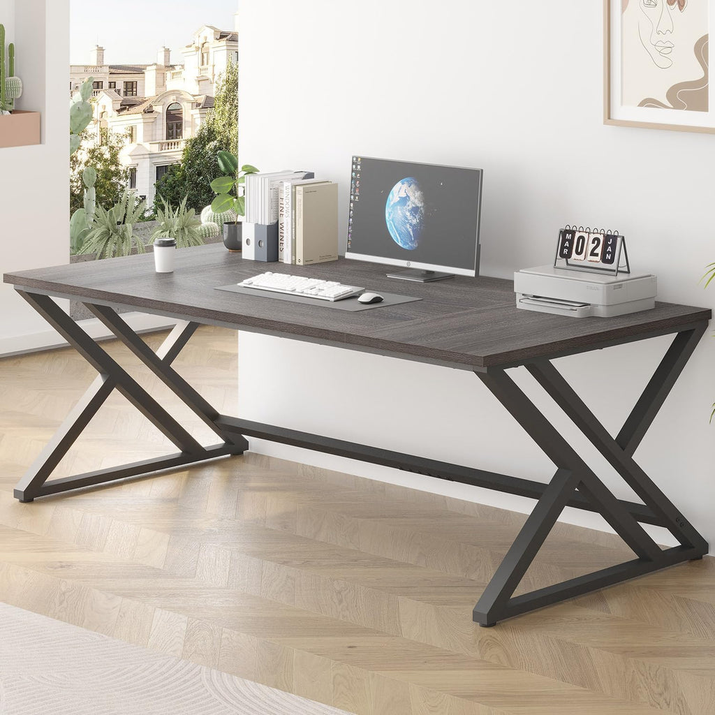 LVB 78.7 Long Executive Desk, Modern Large Computer Office Desk, Wood Metal Simple Pc Study Gaming Writing Table, Industrial Laptop Desk Workstation for Home Bedroom Living Room, Dark Gray, 78.7 Inch