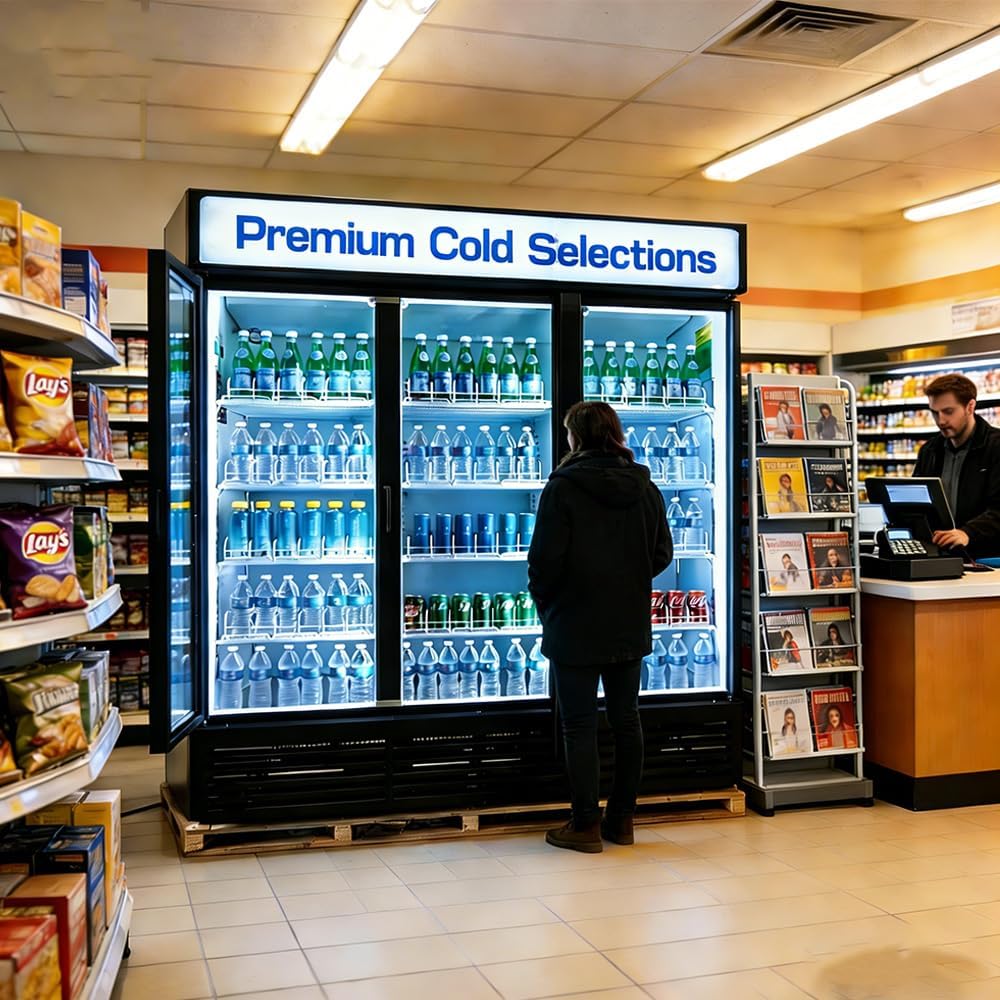 71' Wide Commercial Beverage Refrigerator Display Fridge, Three Glass Door Merchandiser Drink Cooler With LED Light 9 Adjustable Shelves,ETL Sanitation,63.5 Cu Ft,BLACK,Wheels Included