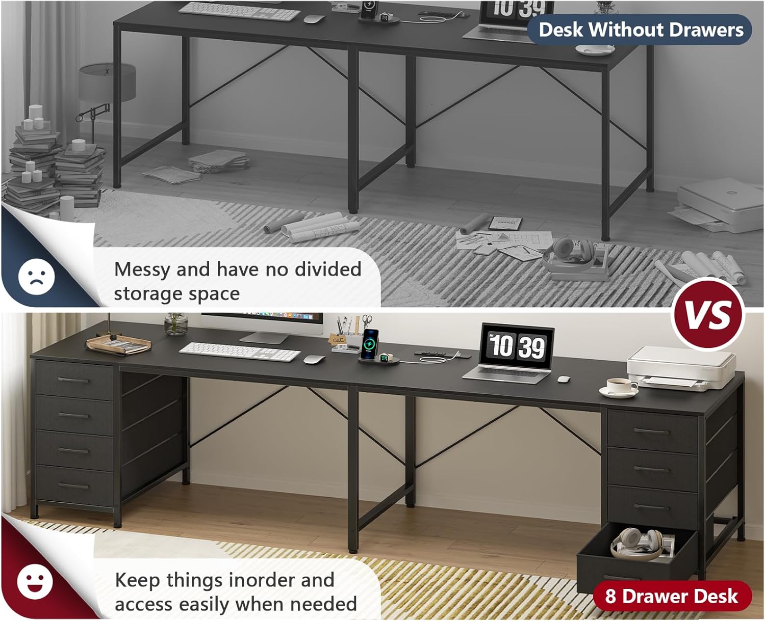 TVU 95' 2 Person Desk with 8 Drawers, Large Writing Home Office Desks with Outlets, I Shaped Workstation Double Desk Drawer Organizers