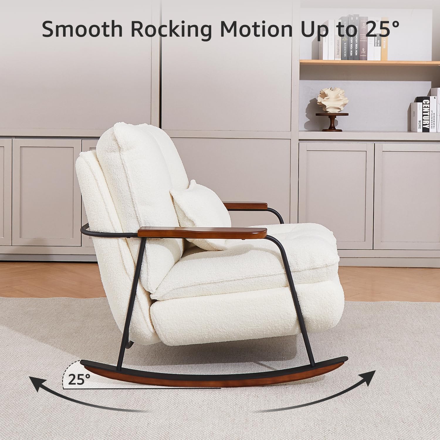 zyz Nursery Rocking Chair with Pillow, Teddy Upholstered Oversized Accent Chair Rocker Recliner, Solid Wood Frame, DIY Ottoman Footrest, Lazy Sofa for Living Room Bedroom (Teddy, White)