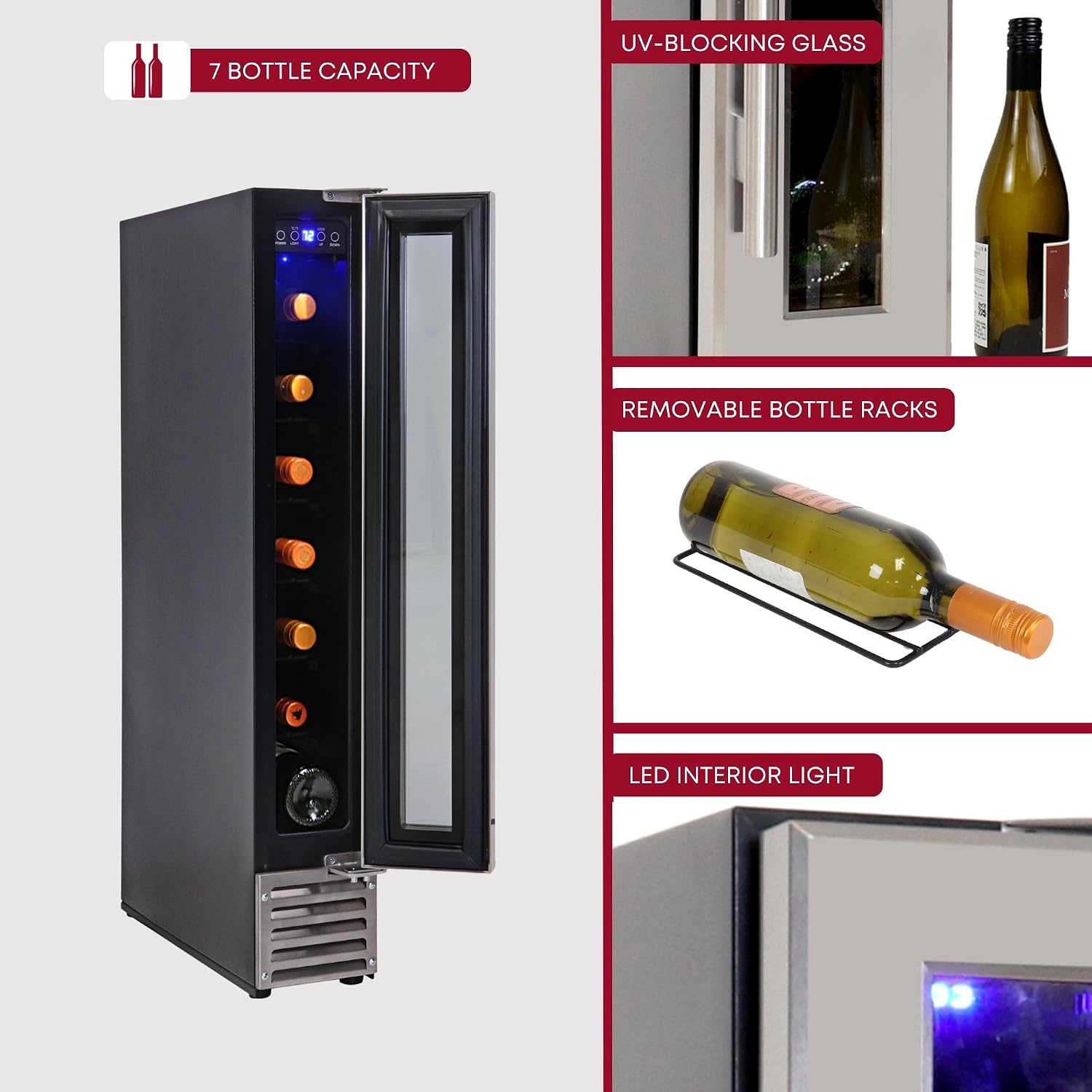 Koolatron 7 Bottle Slim 6 Inch Built-In Under-Counter Wine Fridge, Stainless Steel Door Frame Wine Cooler