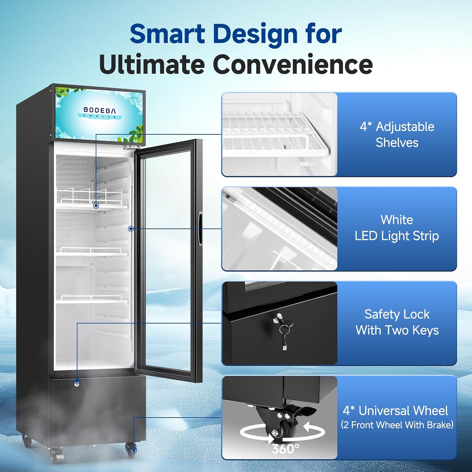 BODEGA BODEGACOOLER Commercial Drink Fridge with Glass Door, Tall Beverage Cooler for Beer, Soda, Single Door Display Refrigerator, 6.34 Cu.Ft Capacity