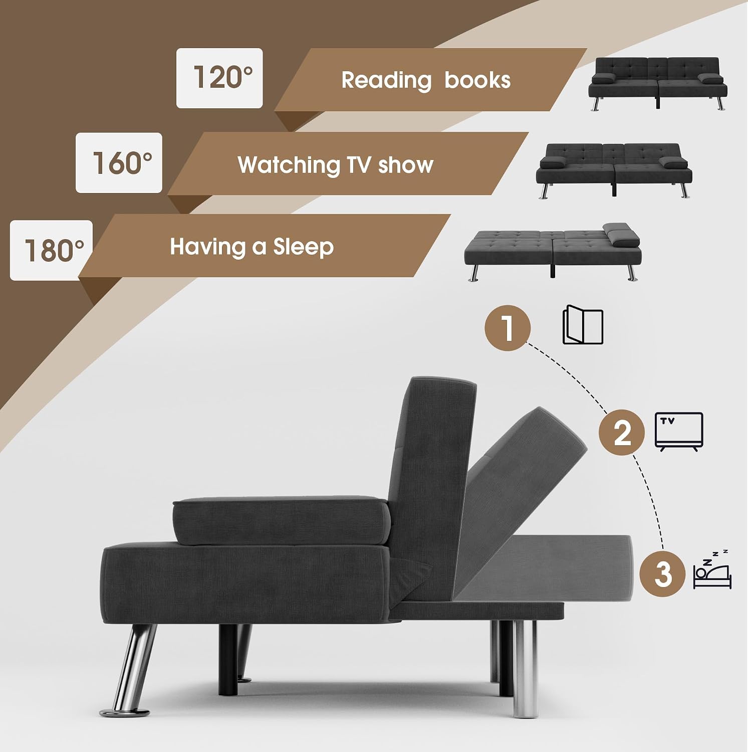 Flamaker Futon Sofa Bed Modern Folding Futon Set Linen Fabric Convertible Recliner Lounge for Living Room with 2 Cup Holders, Removable Armrests (Fabric, Carbon Black)