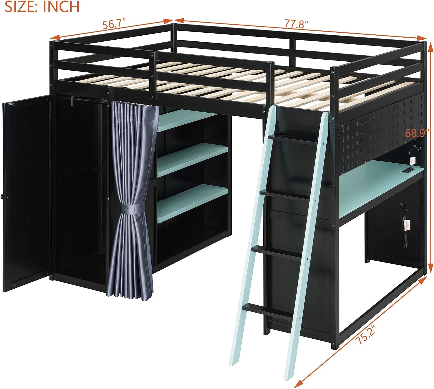 Full Gaming Loft Bed with Wardrobe & Desk & Charging Station & RGB Light,Esports Wood Loft Bed Frame with Storage Shelves,Curtains and DIY Pegboard,Space Saving,No Box Spring Needed,Black Blue