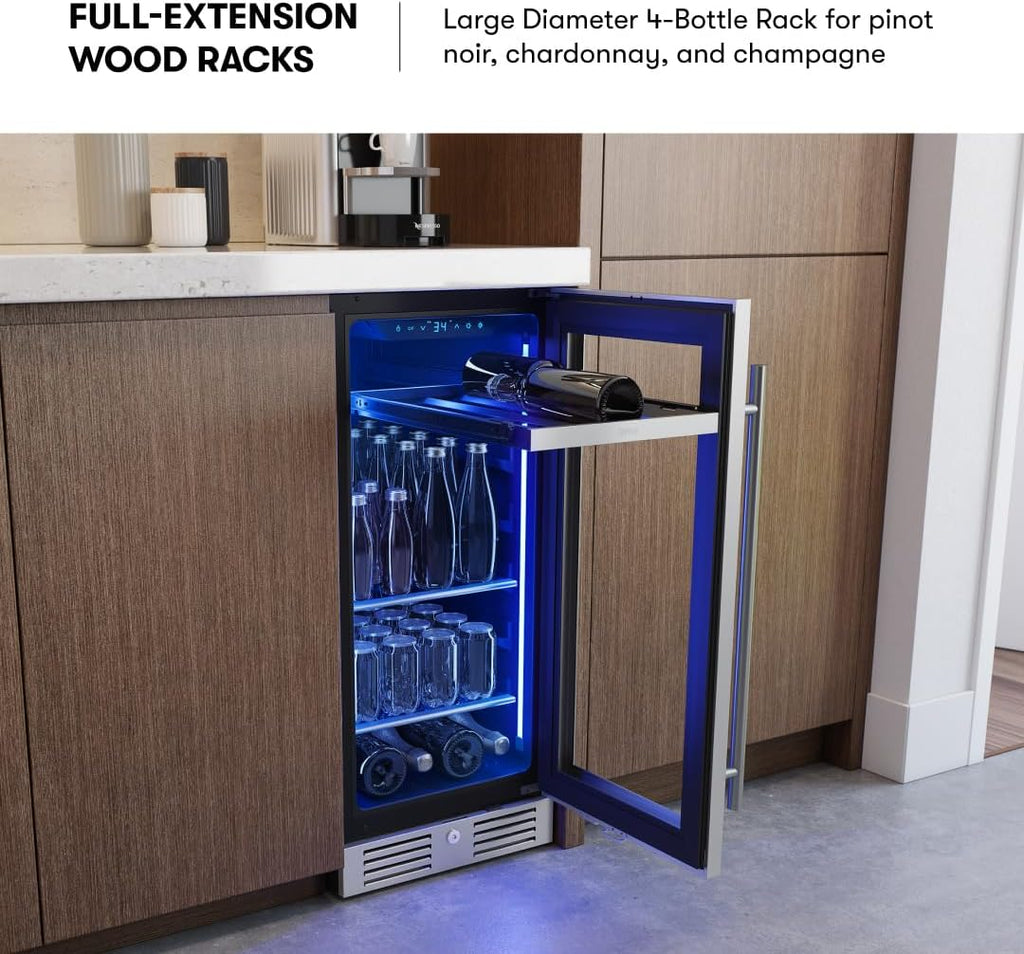 Zephyr Presrv 15' Slim Wine Fridge & Beverage Refrigerator Single Zone Under Counter - Narrow Mini Wine Cooler Small Beer Cabinet Drink Chiller Freestanding with Glass Door, 4 bottles, 64 cans