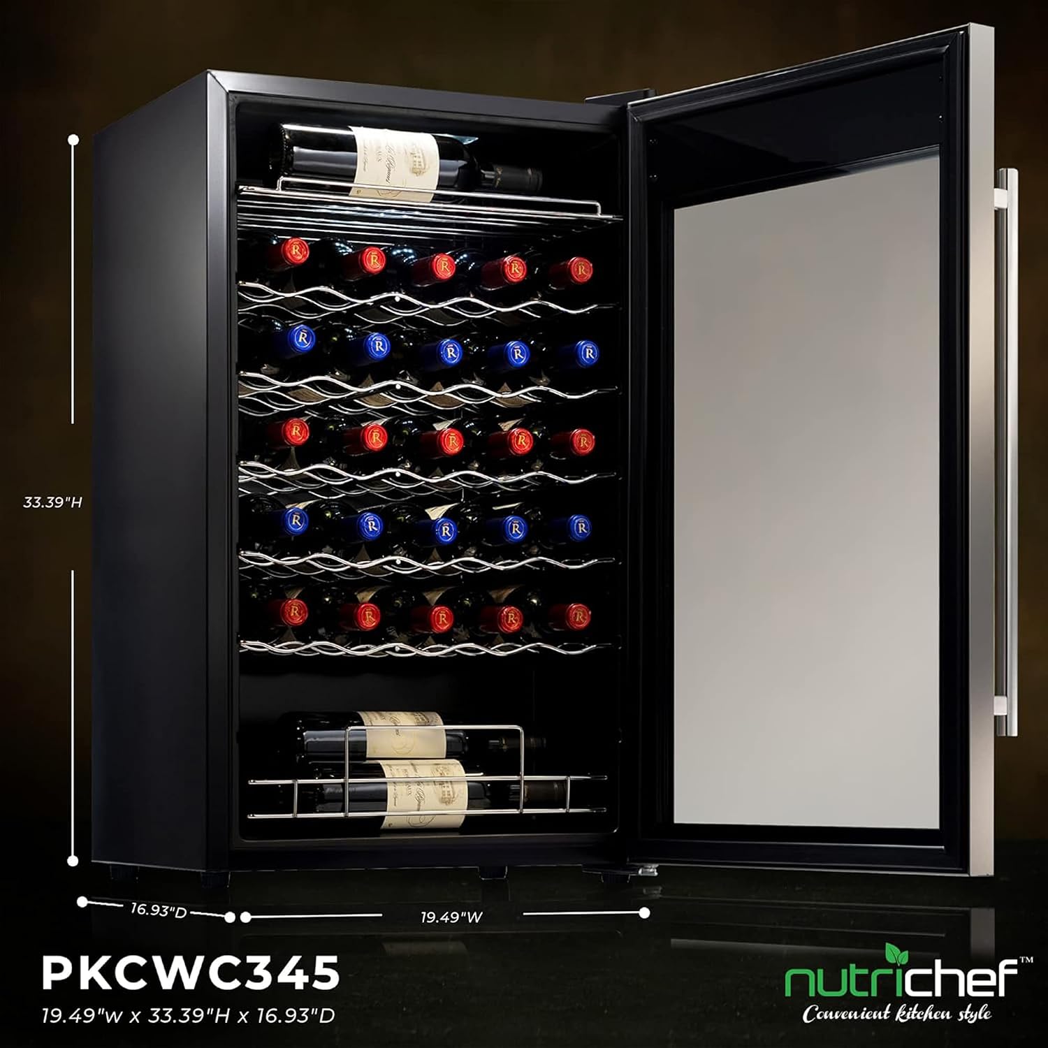 Nutrichef 34 Bottle Wine Fridge - Single Zone Beverage Refrigerator with Adjustable Temperature 41°F - 64°F, Ultra Quiet Operation Wine Cooler for Home, Office & Kitchen, Stainless Steel
