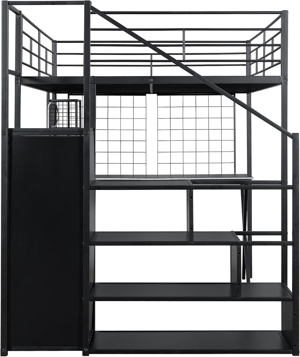 MERITLINE Full Gaming Loft Bed with Desk and Storage Wardrobe& LED RGB,Metal Gaming Bed with Stairs and Storage Case,for Adults Teens (Black)