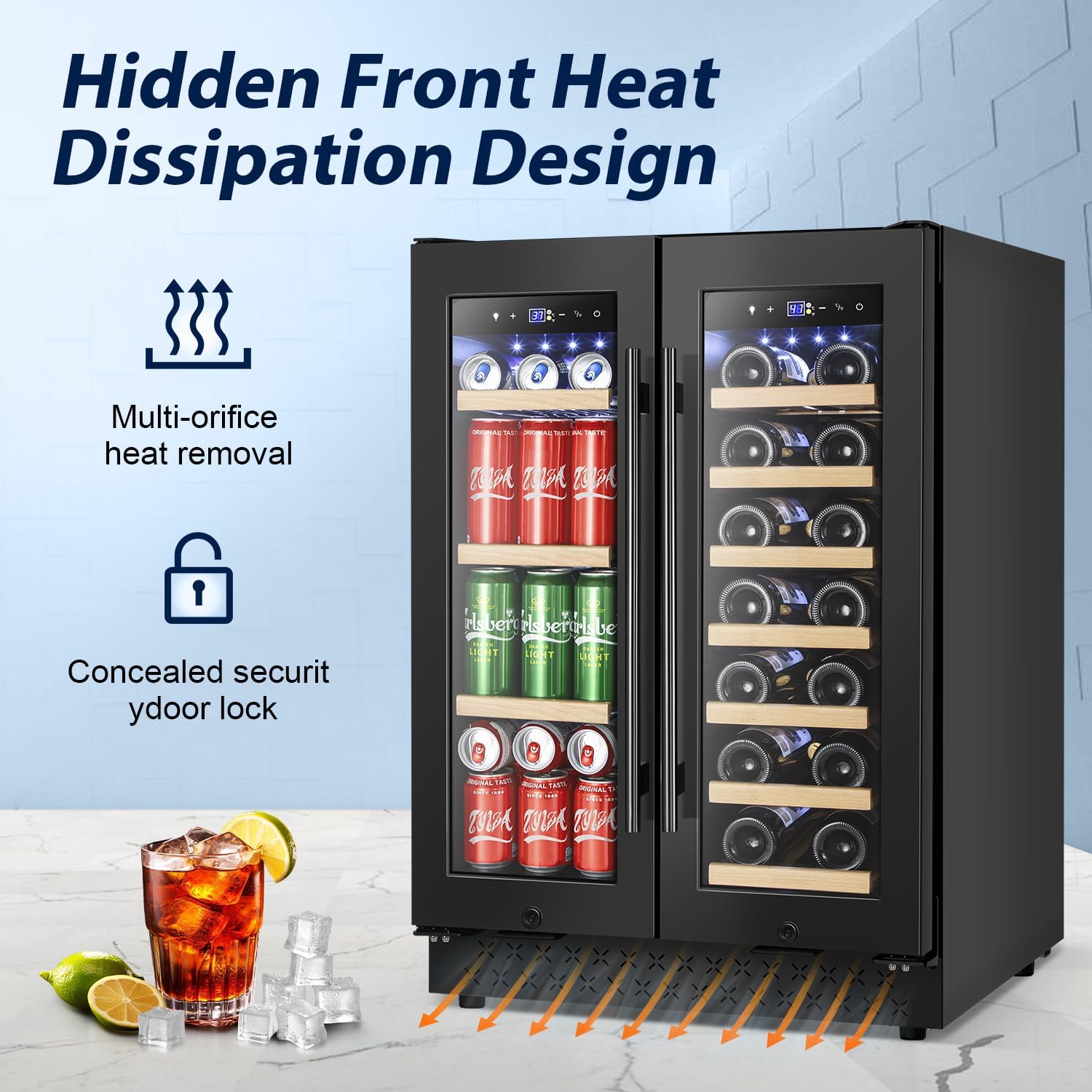 Tylza 24 Inch Wine and Beverage Refrigerator, Dual Zone Wine Beverage Cooler 24' with French Door, Under Counter Wine Beer Fridge Built-In or Freestanding, Holds 20 Bottles and 88 Cans, Black