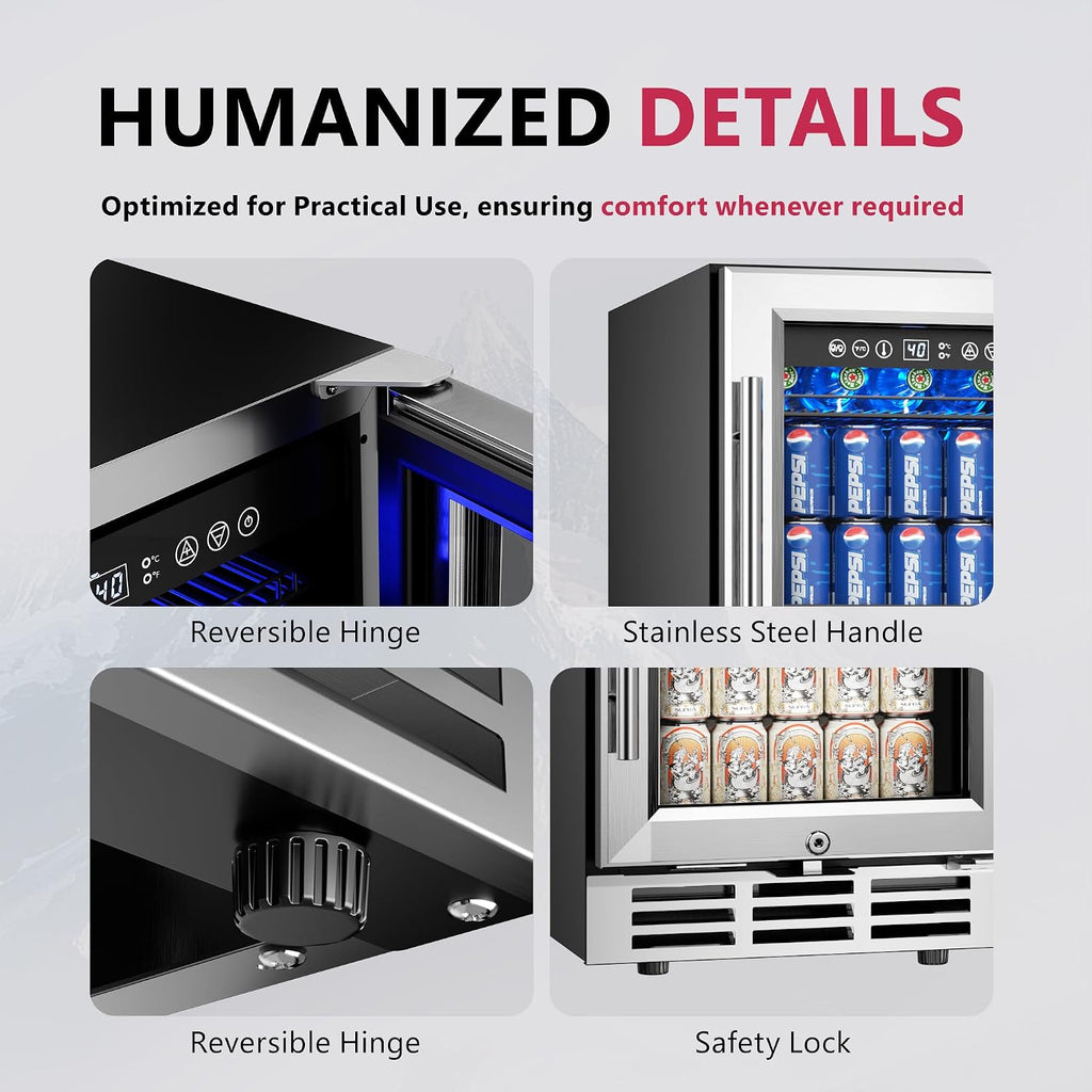Icyglee 15'' Beverage Refrigerator Cooler - 126 Cans Under Counter Beverage Fridge with LED Light, Built-in Design, Wine Cooler for Home/Kitchen