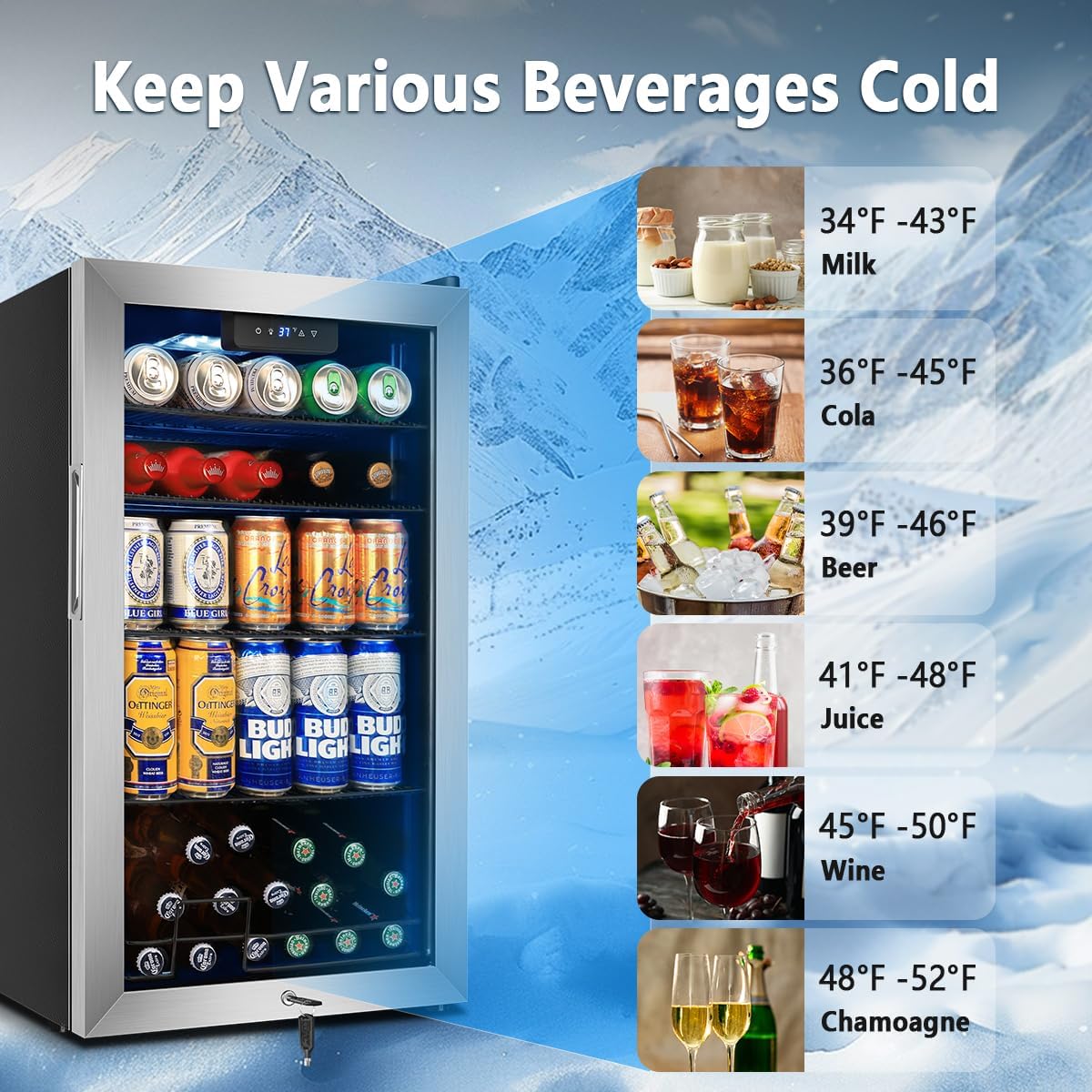 Tylza Beverage Refrigerator Cooler, 130 Cans 3.22 Cu.Ft Small Refrigerator with Low-E Glass Door, Lock, 17-Inch Beer Fridge for Drinks, Beer and Wine, Mini Fridge for Bedroom, Office and Bar, Silver