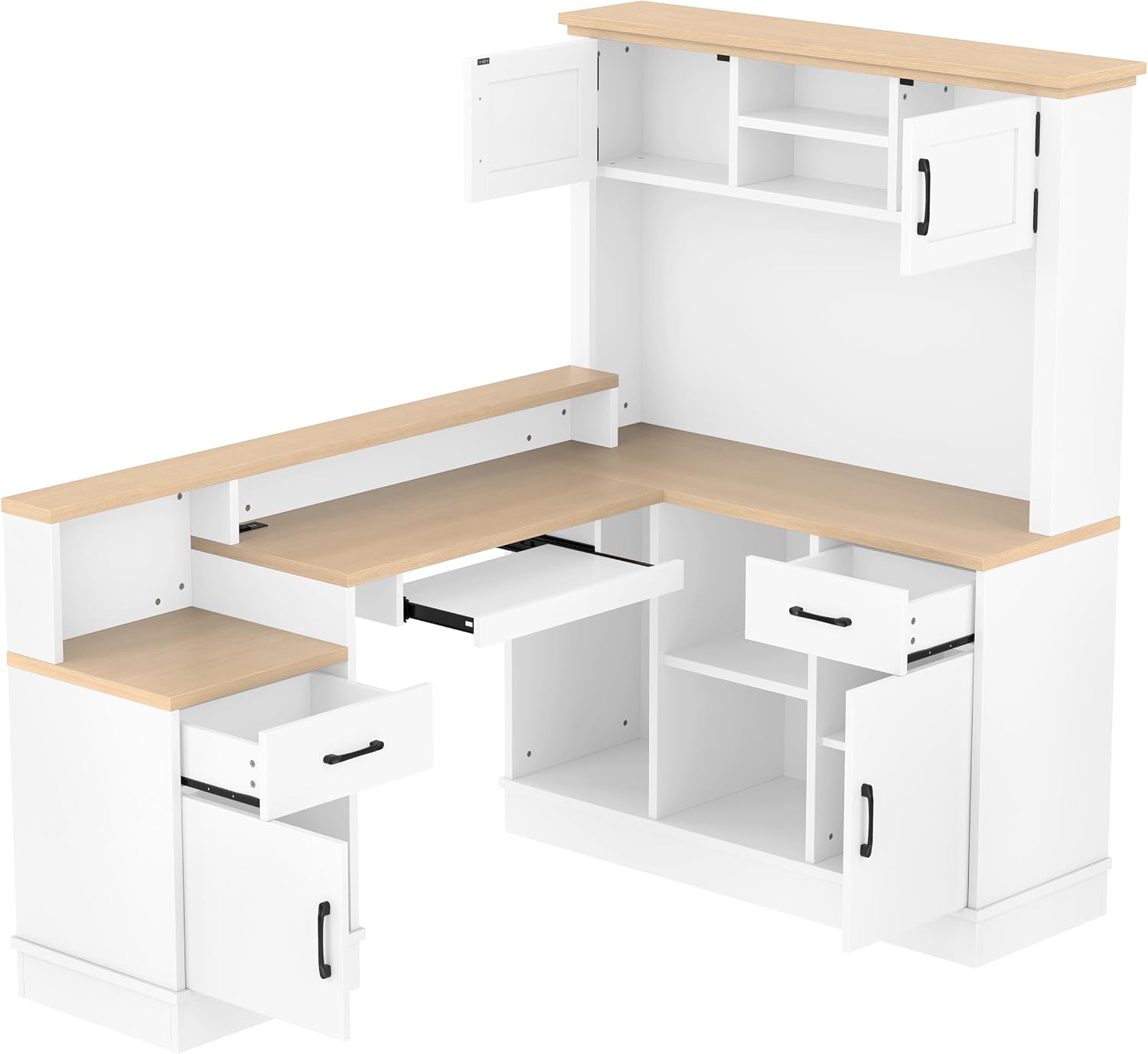 Bellemave L-Shaped Computer Desk with Power Outlet & Storage - Modern Corner Gaming Desk with Bookshelf and Drawers, Study Writing Workstation for Home Office