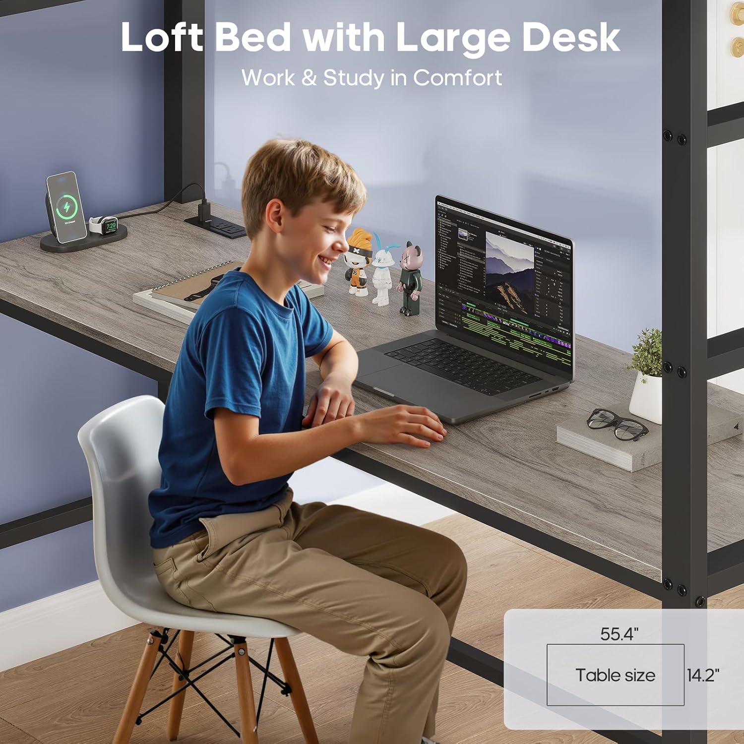 ADORNEVE Loft Bed Full Size with Desk and 8 Storage Drawers, LED Metal Loft Bed with Power Outlet, 2 Shelves & Clothing Rack, Bed with Safety Guardrail & Ladder,Space-Saving, Grey