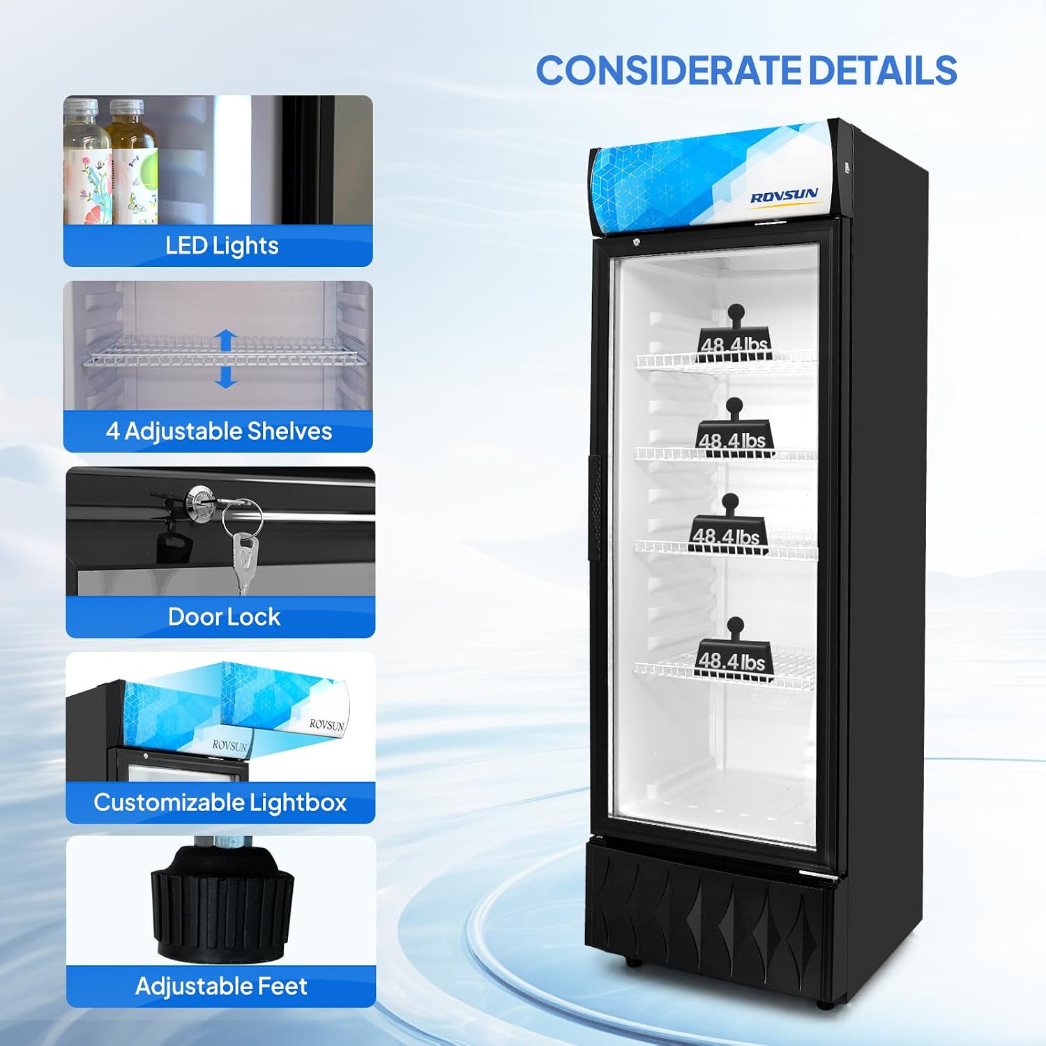 ROVSUN 8.5 Cu.Ft Commercial Refrigerator Display Refrigerator ETL NSF Certified, Slim Commercial Beverage Cooler Glass Door Merchandiser Drink Fridge w/Adjustable Shelves LED Light for Bar Restaurant