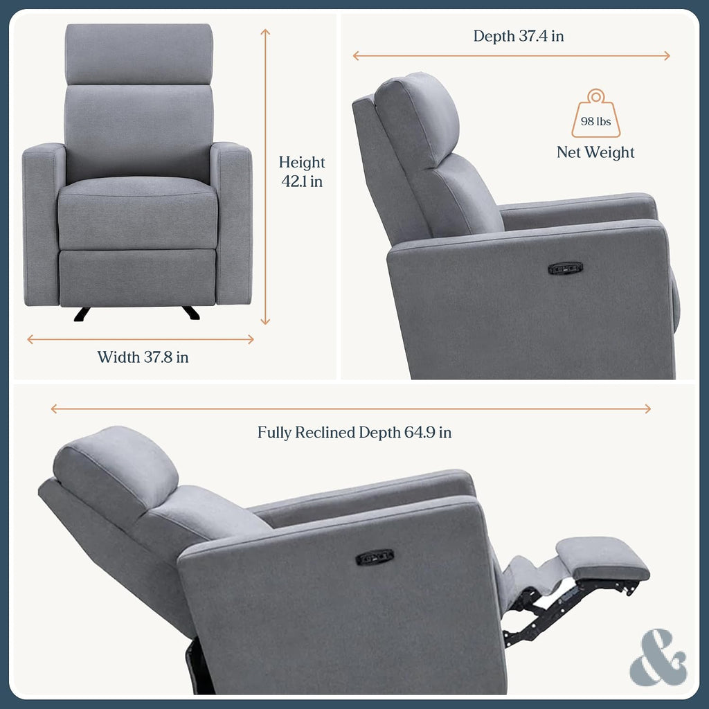 Nurture& The Glider Premium Power Recliner Nursery Glider Chair with Adjustable Head Support | Designed with a Thoughtful Combination of Function and Comfort | Built-in USB Charger (Gray)