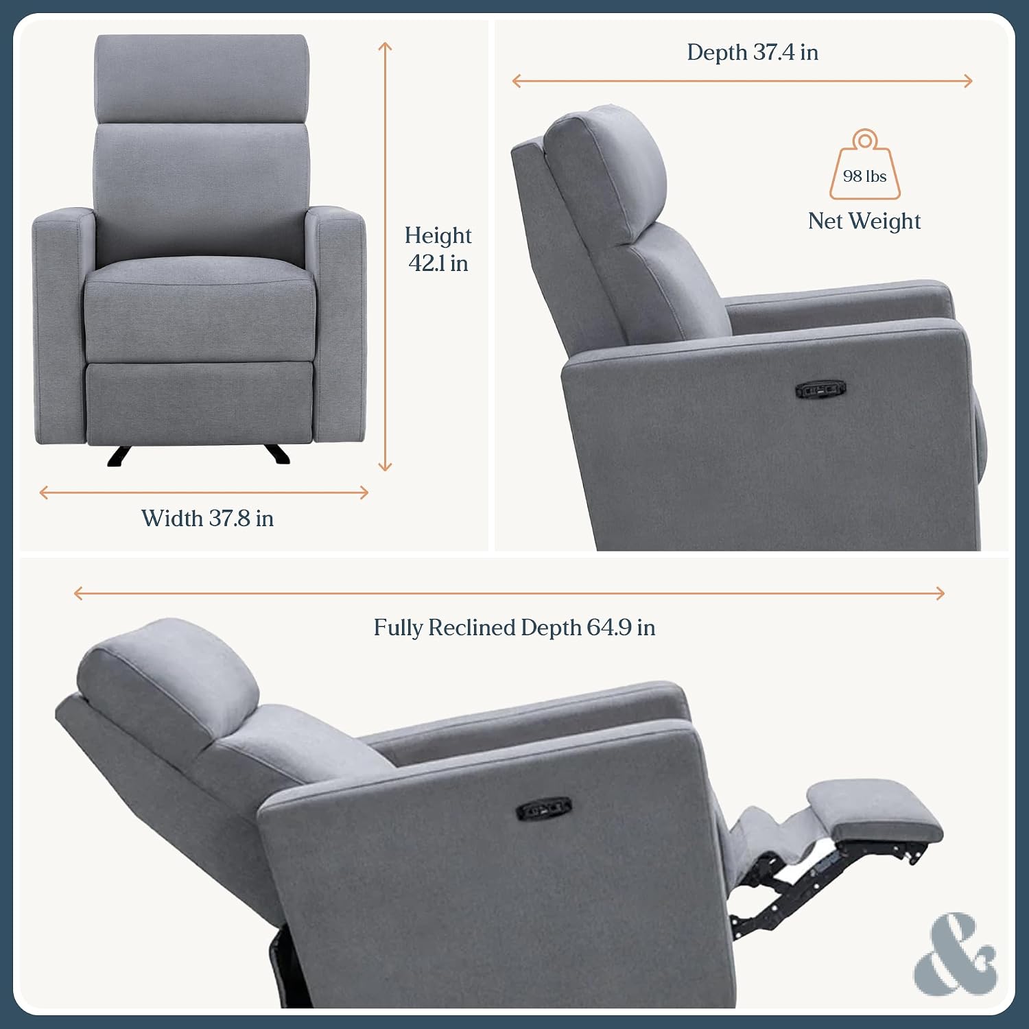 Nurture& The Glider Premium Power Recliner Nursery Glider Chair with Adjustable Head Support | Designed with a Thoughtful Combination of Function and Comfort | Built-in USB Charger (Gray)
