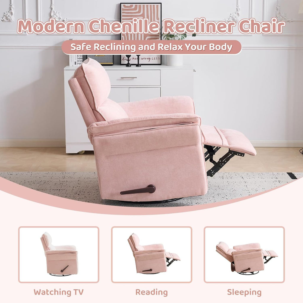 Swivel Rocker Recliner with Adjustable Headrest,Upholstered Glider Rocker Recliner with Overstuffed Armrest,Manual Recliner Nursery Chair for Living Room,Pink