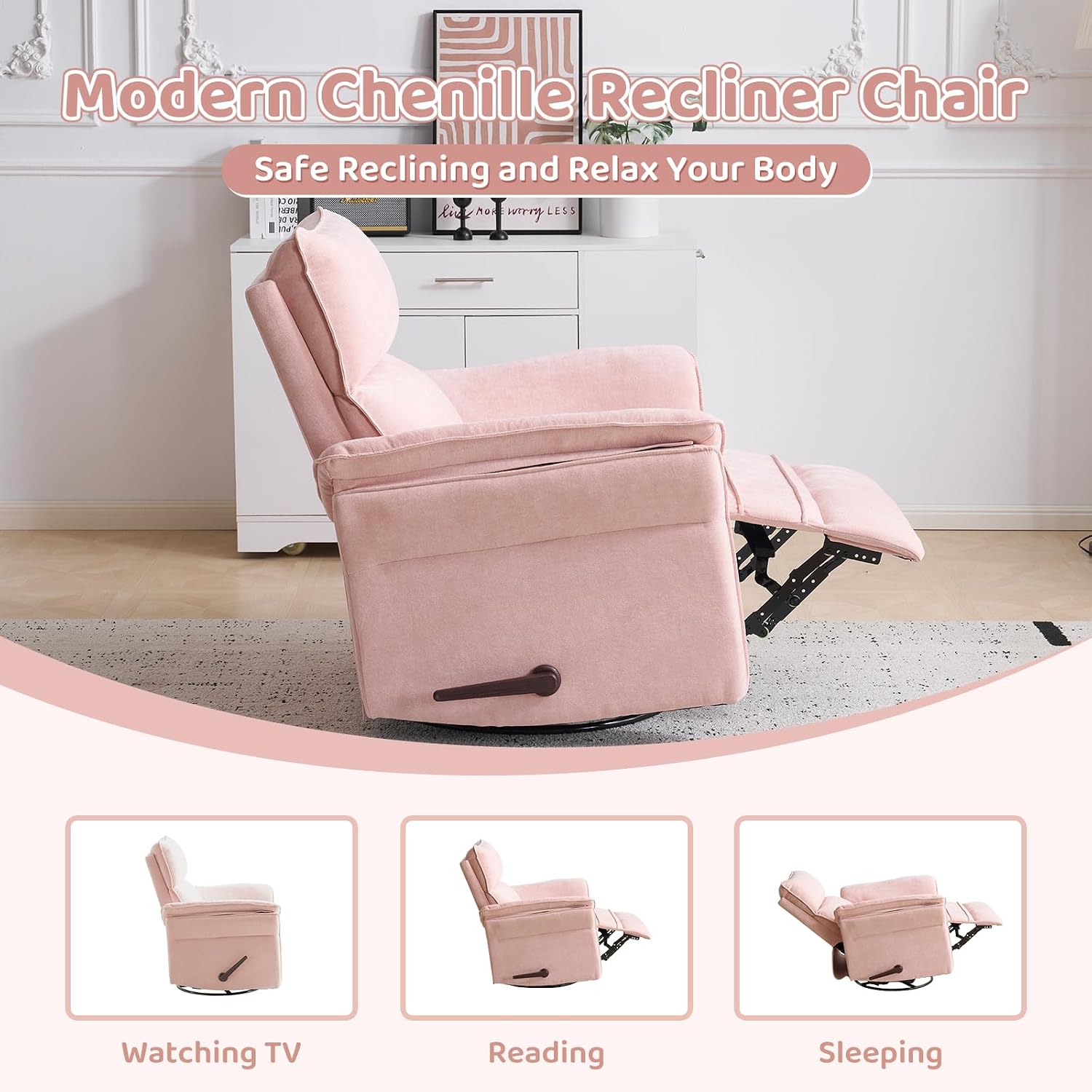 Oversized Swivel Rocker Recliner with Adjustable Headrest, Rocking Chair Nursery with Overstuffed Armrest, Manual Rocker Recliner Nursery Chair for Living Room, Pink