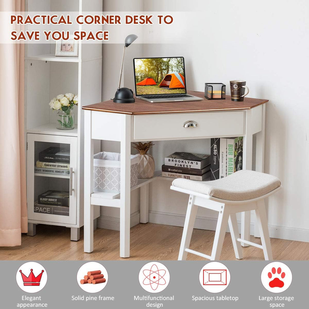 Corner Computer Desk, Space-Saving Corner Table with Drawer & Shelves, Home Office 90° Triangle Corner Workstation, Modern Makeup Vanity Table, Corner Desk for Small Spaces (Natural & White)