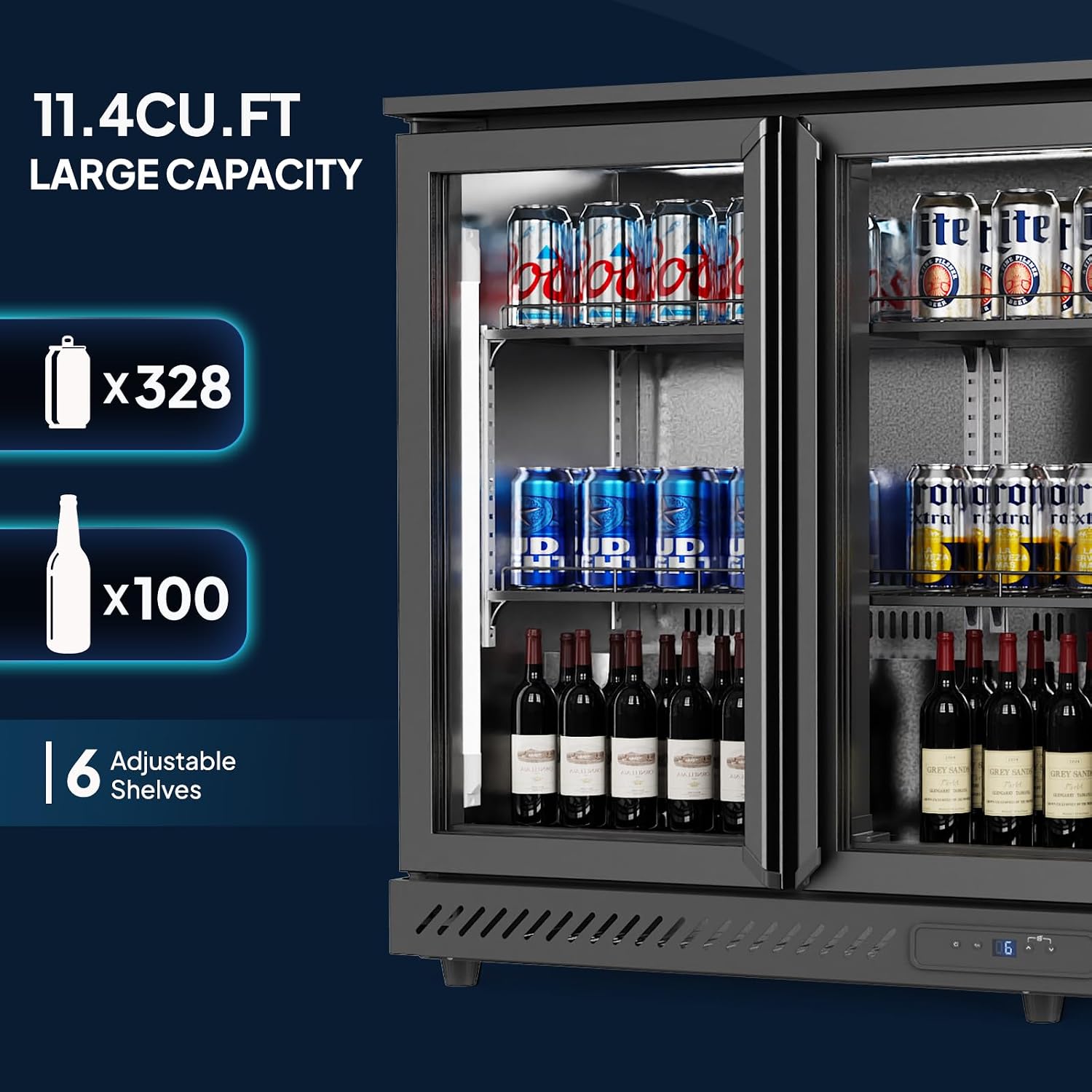 ROVSUN 11.4 Cu.Ft Commercial Back Bar Cooler ETL Certified, Bar Fridge Commercial Beverage Refrigerator w/ 3 Doors LED Digital Temperature Control, Drink Cooler for Restaurant Beer Wine Soda