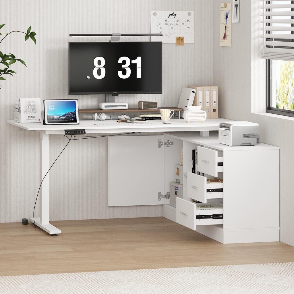 Homsee Home Office L Shaped Electric Standing Desk with Drawers and Shelves, Height Adjustable & Shape Reversible Stand up Desk, 63' Computer Executive Corner Table, White