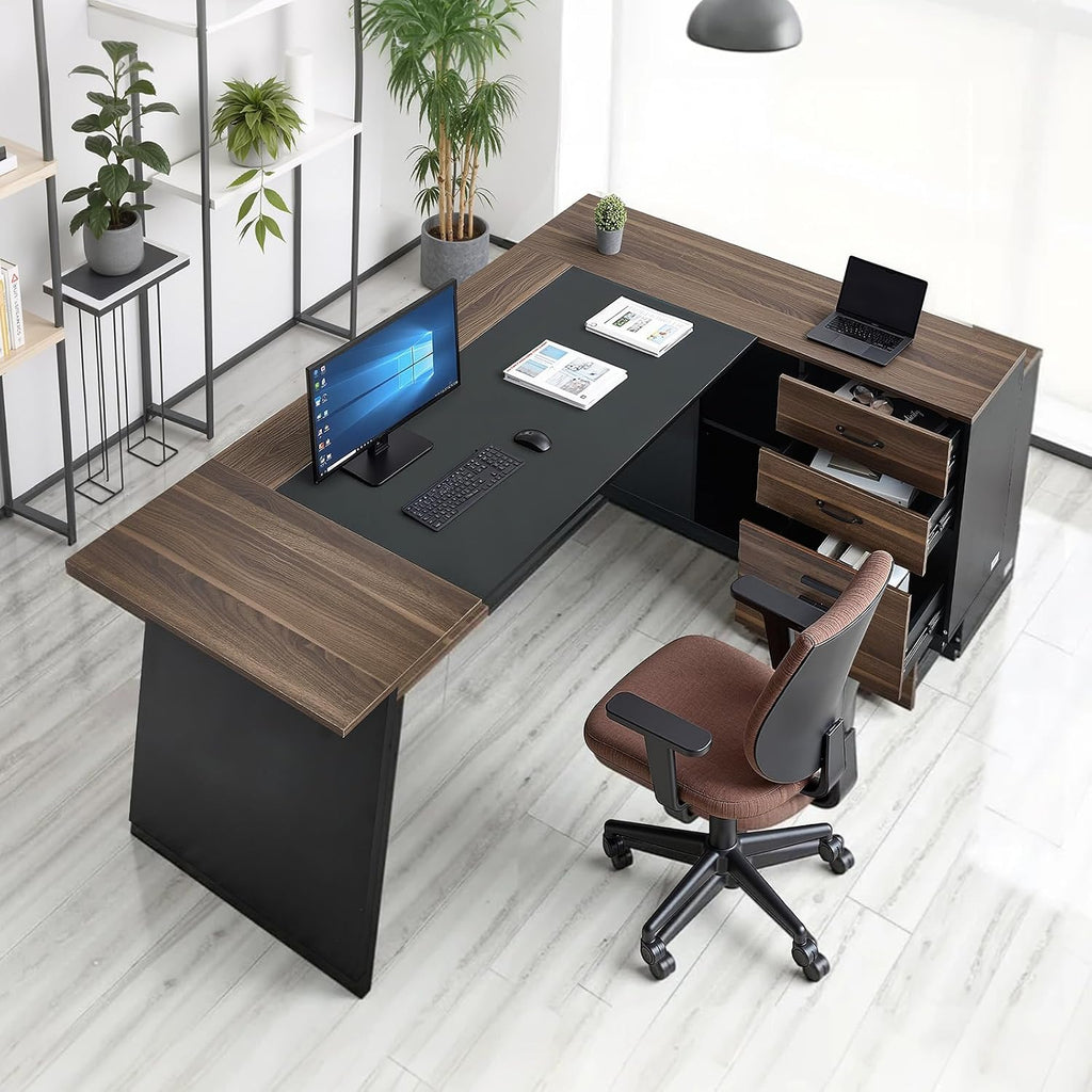 VEVOR L-Shaped Executive Desk, Large Modern Office Table with Drawers and Storage Cabinet, Heavy Duty Wooden Executive Table, 350 LBS Load Capacity, Easy Assembly, for Work Study Writing, Brown+Black