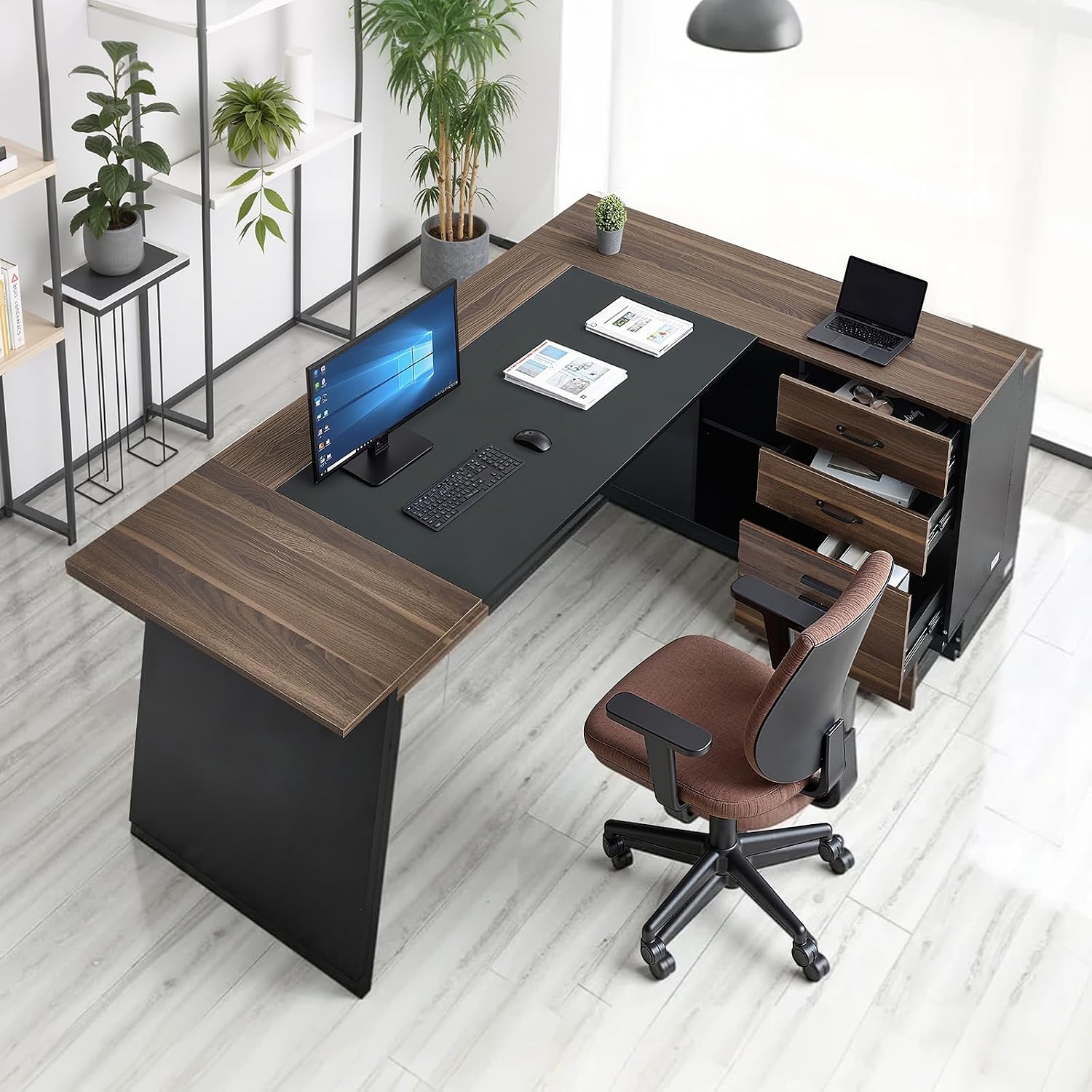 VEVOR L-Shaped Executive Desk, Large Modern Office Table with Drawers and Storage Cabinet, Heavy Duty Wooden Executive Table, 350 LBS Load Capacity, Easy Assembly, for Work Study Writing, Brown+Black