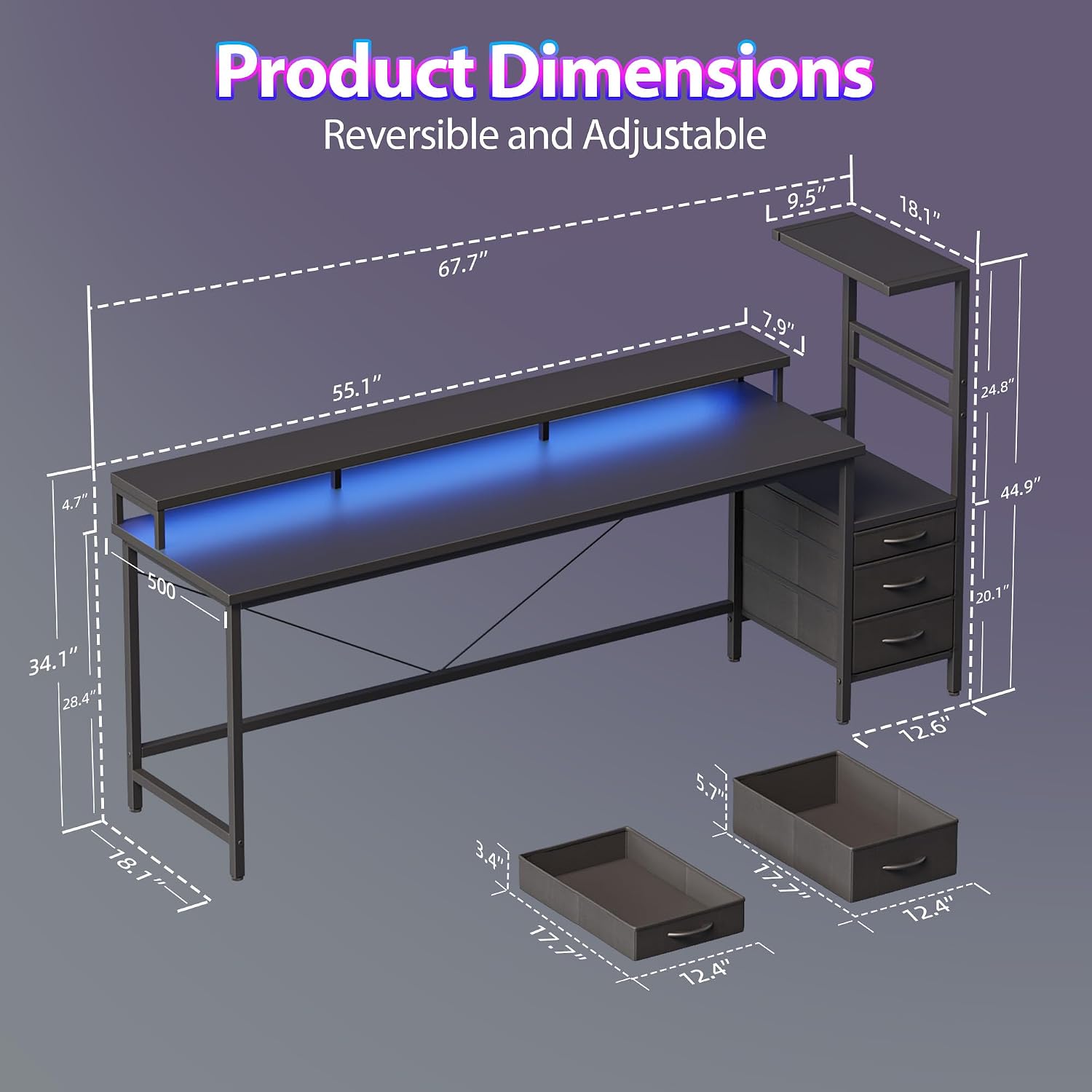 Mericonia Gaming Desk with Power Outlets & LED Lights, Reversible Computer Desk with PC Case Stand, Fabric Drawers, Modern Office Desk with Shelves, Monitor Stand